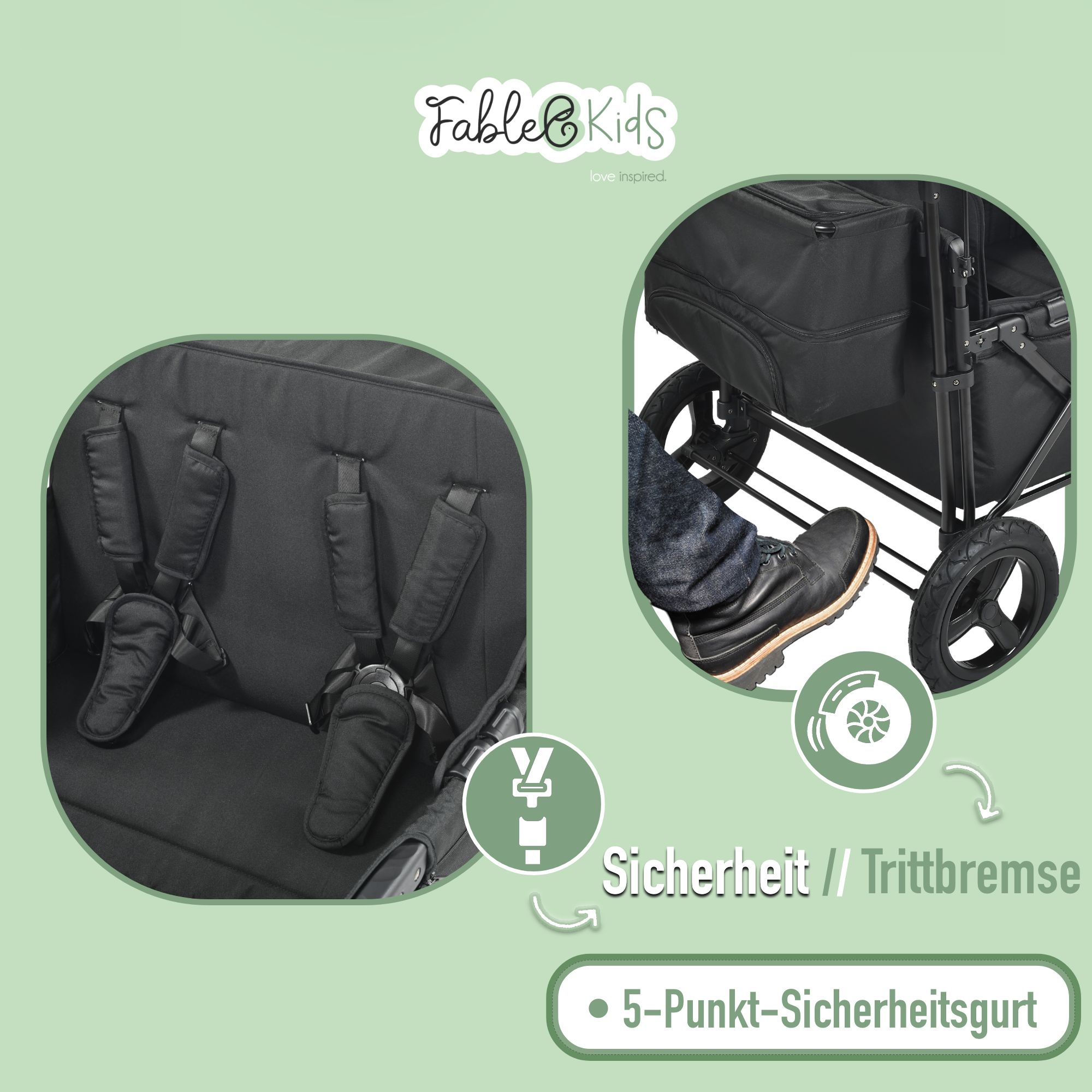 Schwarzer Kinderwagen mit 5-Punkt-Gurt und Fußbremse.