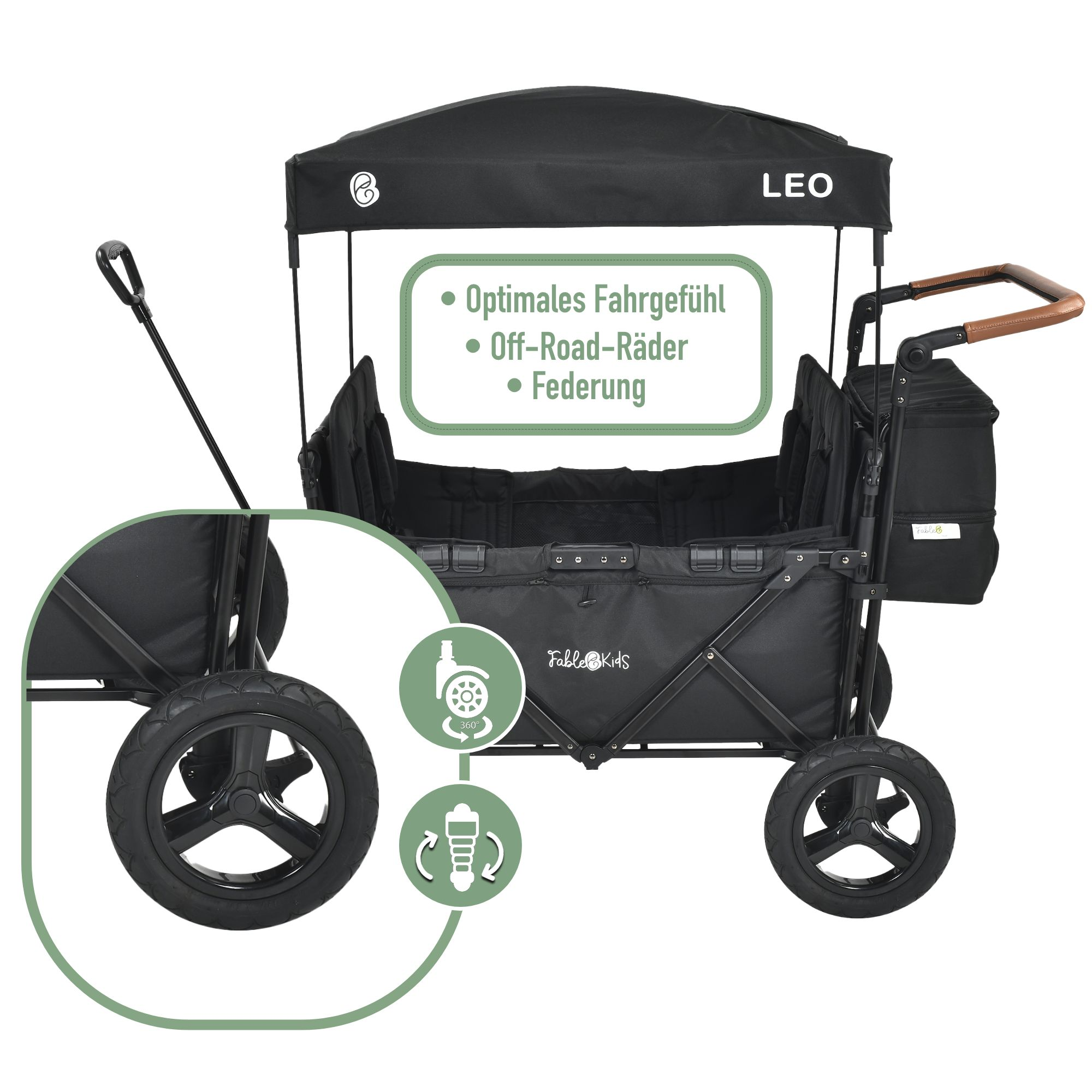 Schwarzer Kinderwagen mit Verdeck, Griffen und Rädern. Text auf Deutsch.