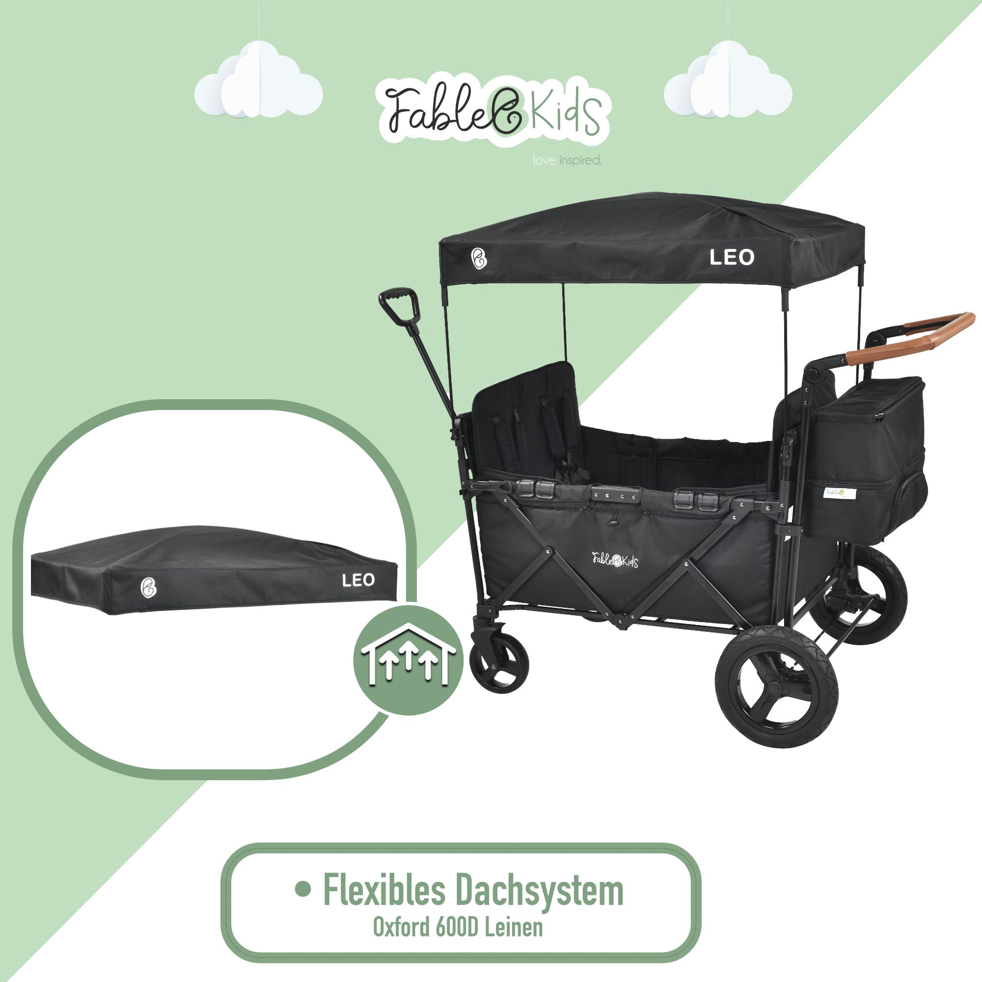 Ein schwarzer Kinderwagen mit Verdeck und Griffen. Im Kreis ist ein Verdeck abgebildet.