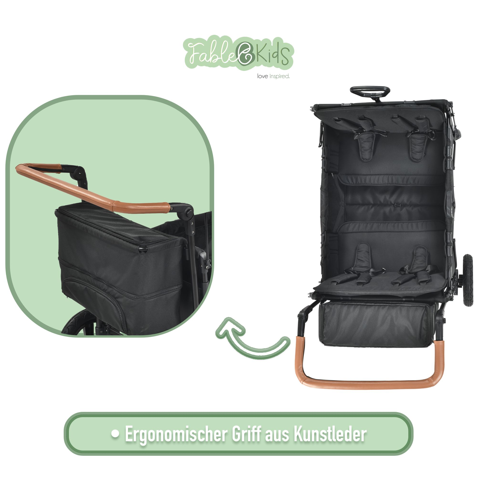 Schwarzer Kinderwagen mit braunem Ledergriff und Faltmechanismus.
