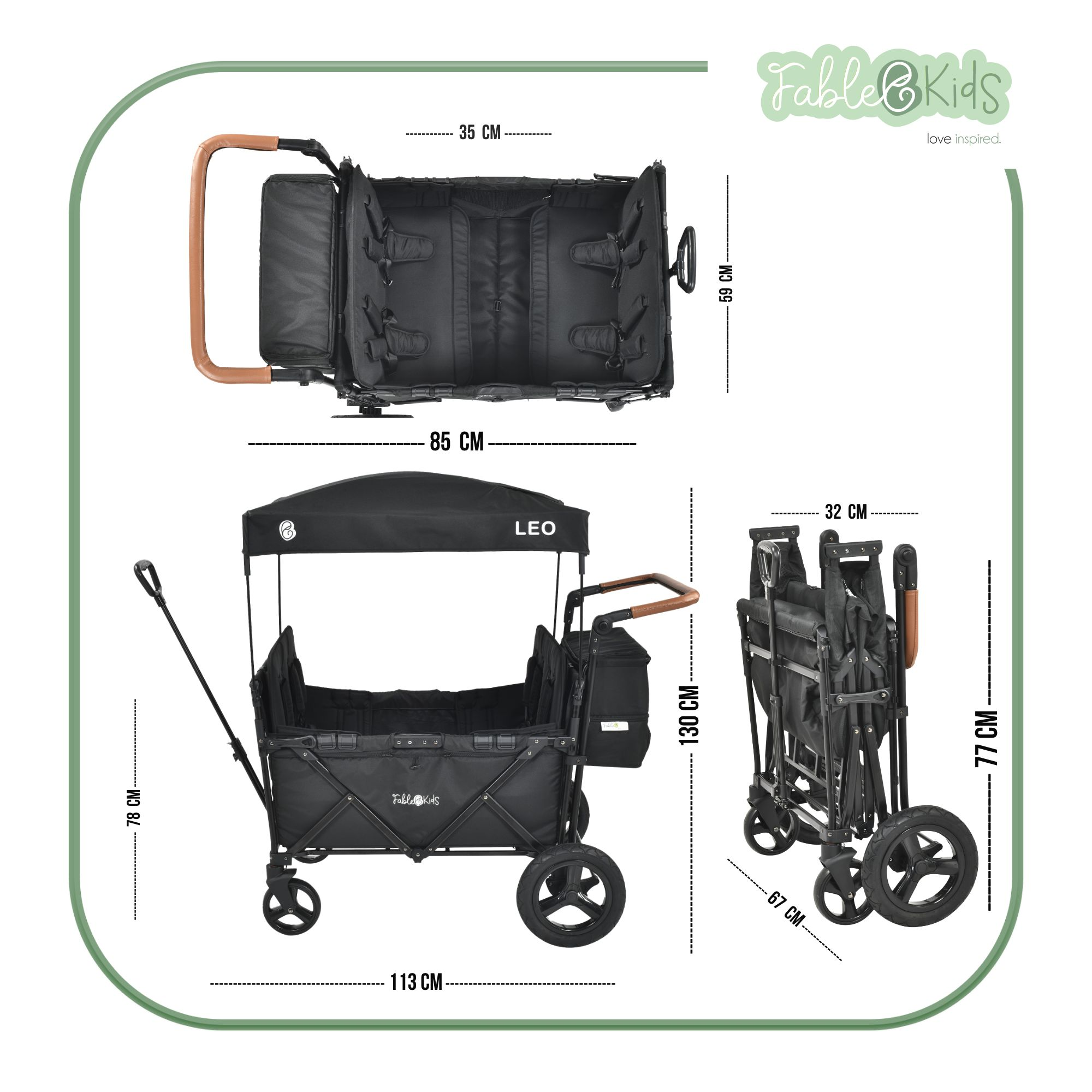 Ein schwarzer Fable Kids Wagen, geöffnet, zusammengeklappt und mit Maßen.