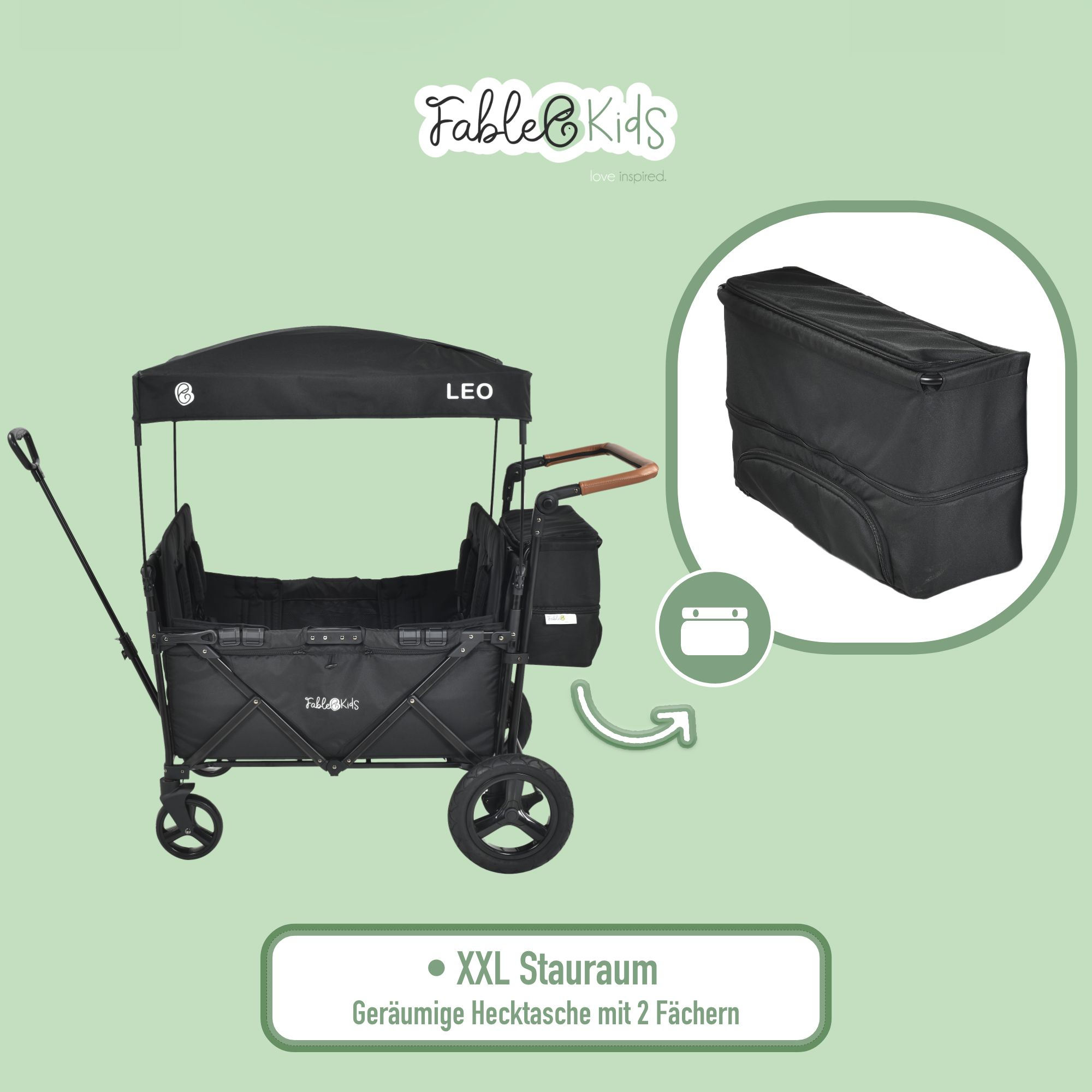 Ein schwarzer Kinderwagen mit Sonnendach und Aufbewahrungstasche.