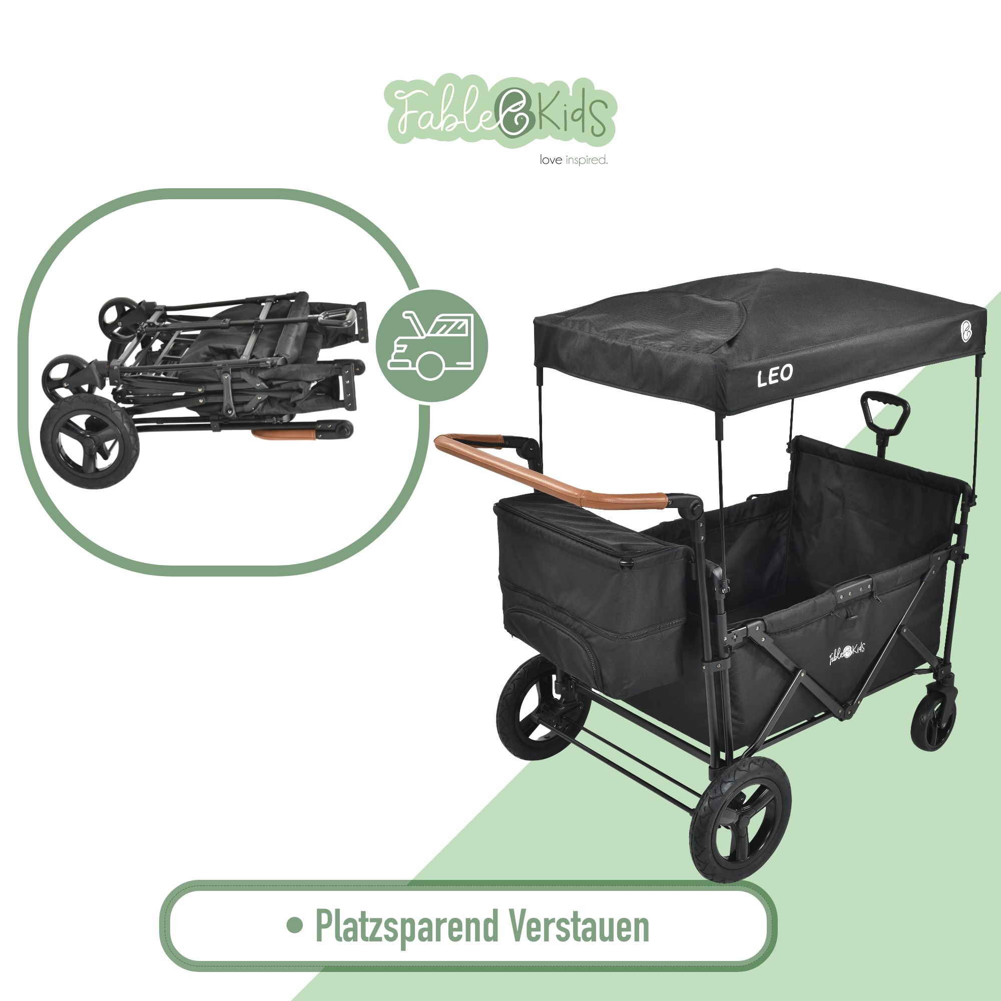 Ein schwarzer Kinderwagen mit Dach, zusammenklappbar und in Gebrauch.