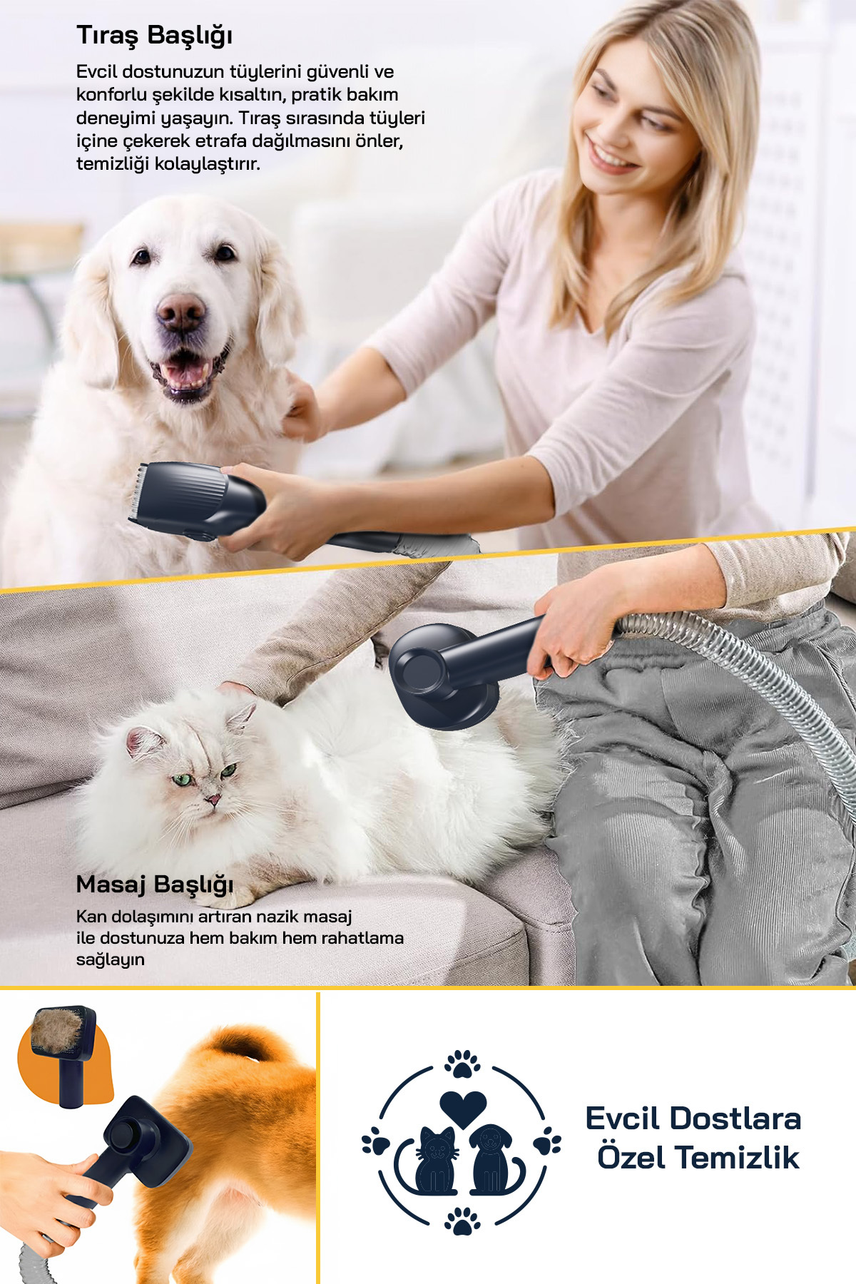 Bir kadın bir köpeği tıraş makinesiyle, bir kediyi ise fırçayla tımar ediyor.