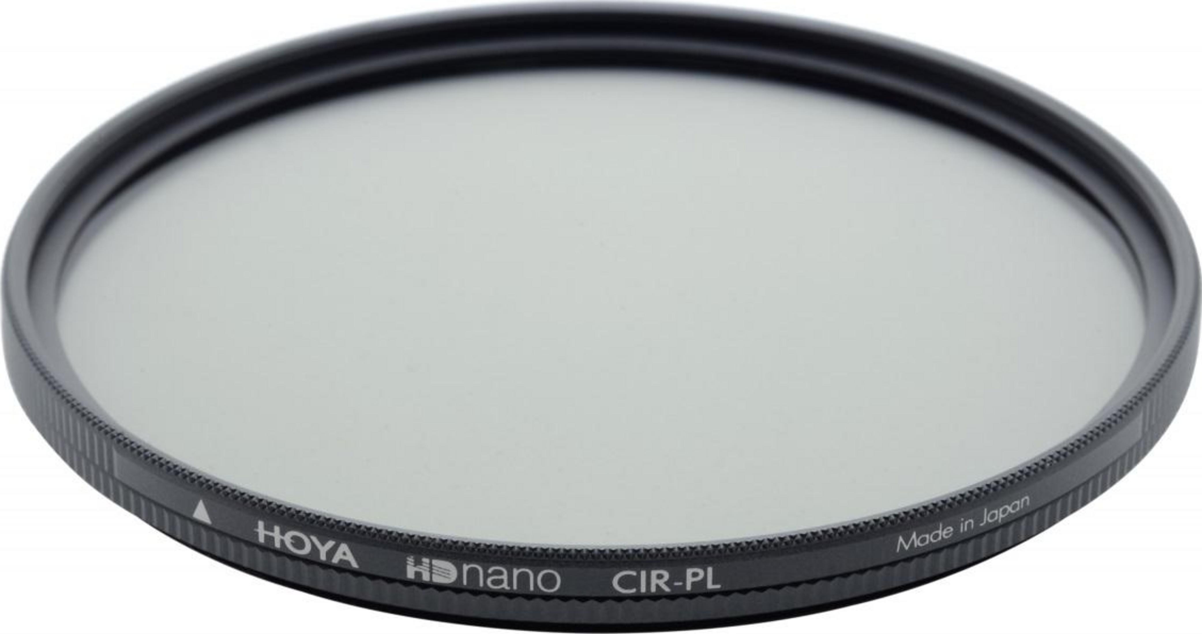 Ein Hoya HD nano CIR-PL Filter mit schwarzem Rahmen und Beschriftung.