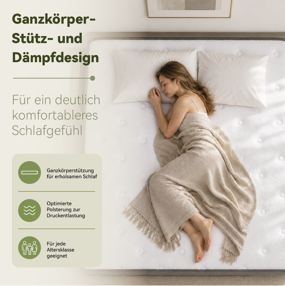 Frau schläft auf einem weißen Bett mit Decke, Text auf Deutsch.