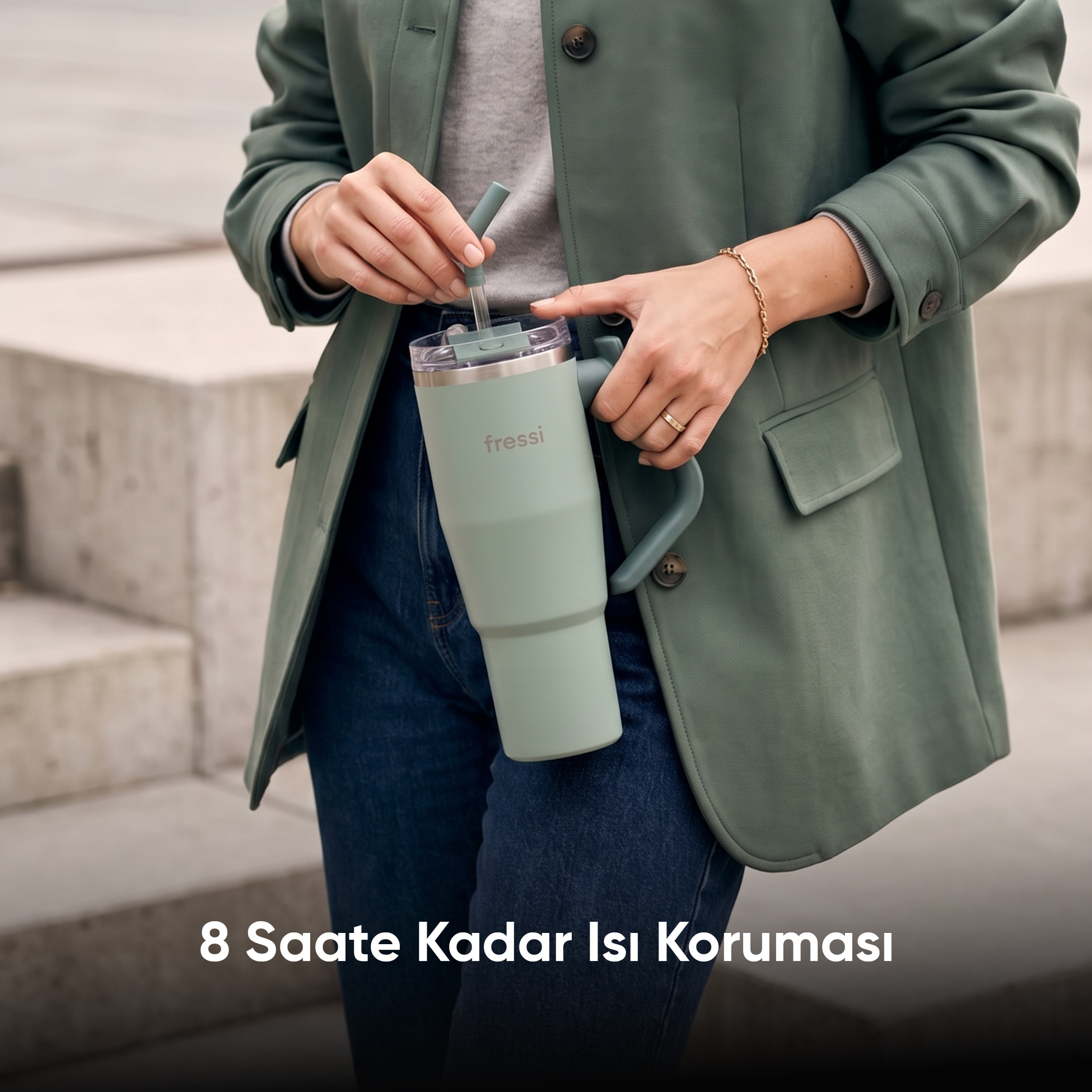 Kadın, pipetli nane yeşili kupayı tutuyor. Yeşil ceket giyiyor.