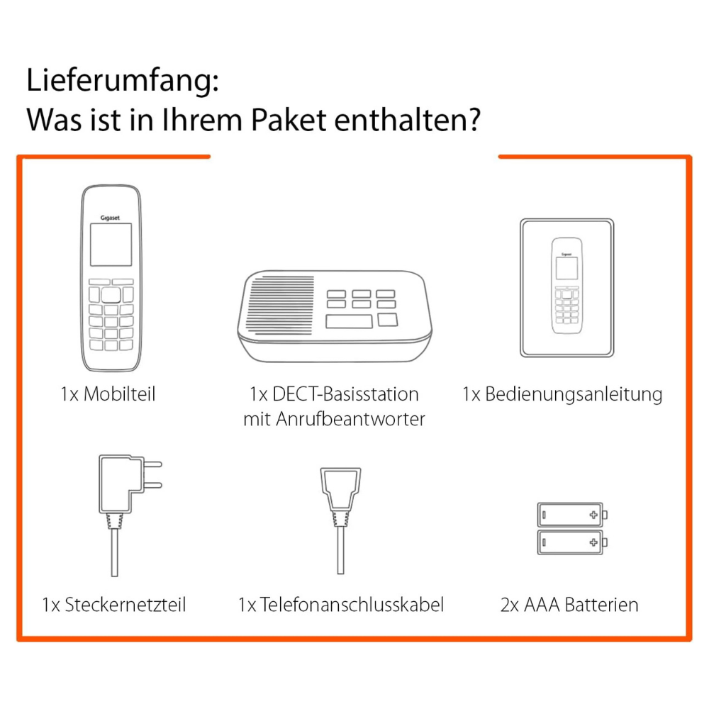 Lieferumfang: Mobilteil, Basisstation, Anleitung, Netzteil, Kabel, Batterien.