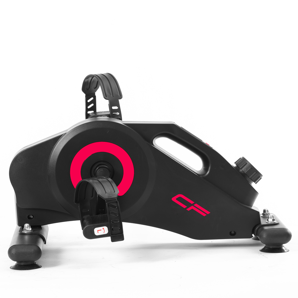 Pedaleador negro con detalles rosas y perilla ajustable.
