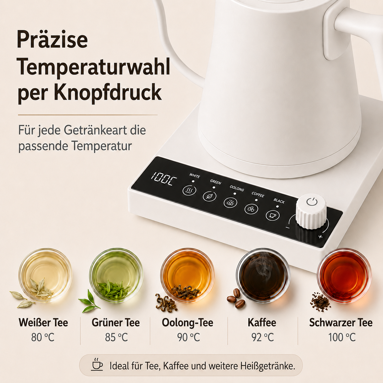 Elektrische Teekanne mit Temperaturwahl für Tee und Kaffee.