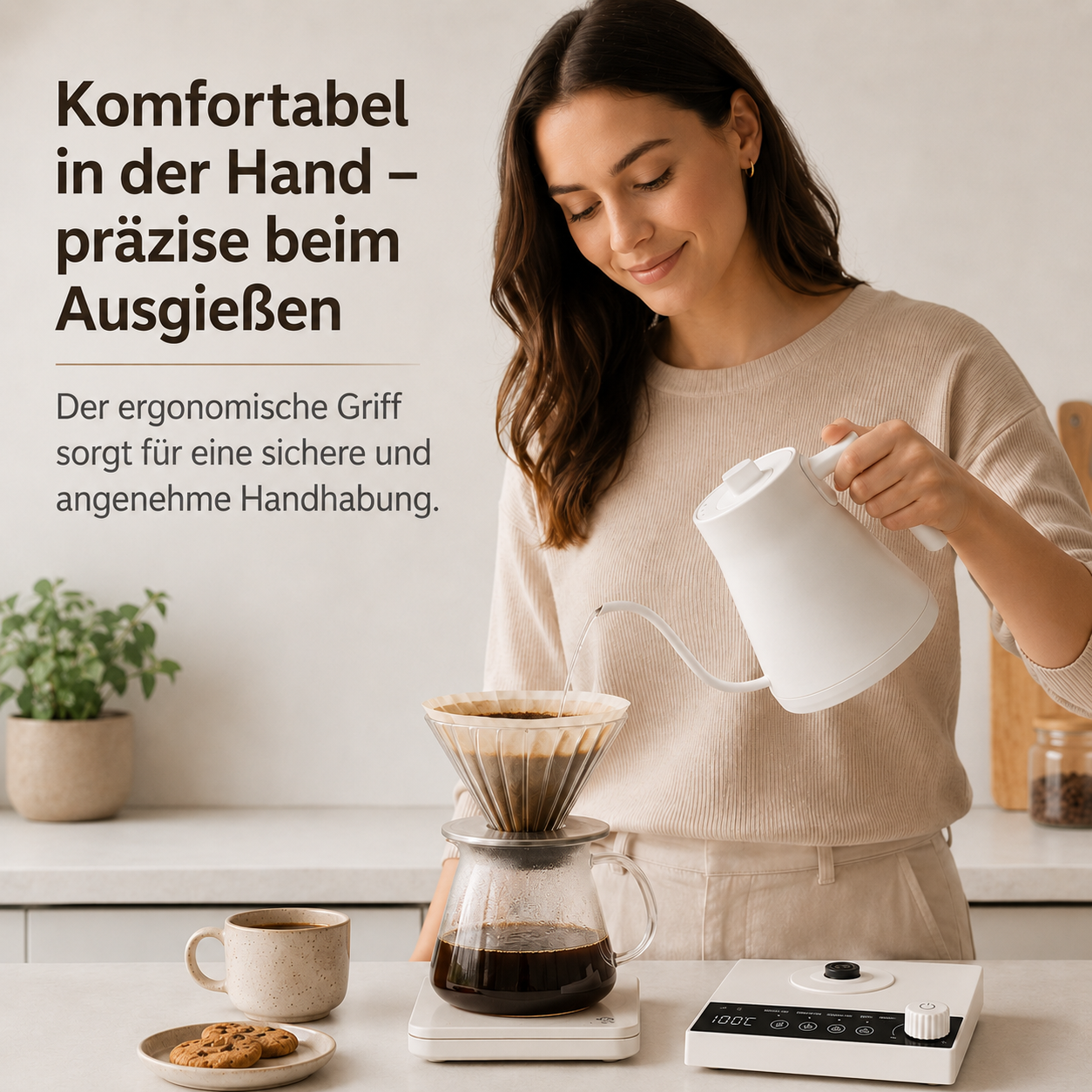 Eine Frau gießt mit einem weißen Wasserkocher Kaffee in einen Filterhalter.