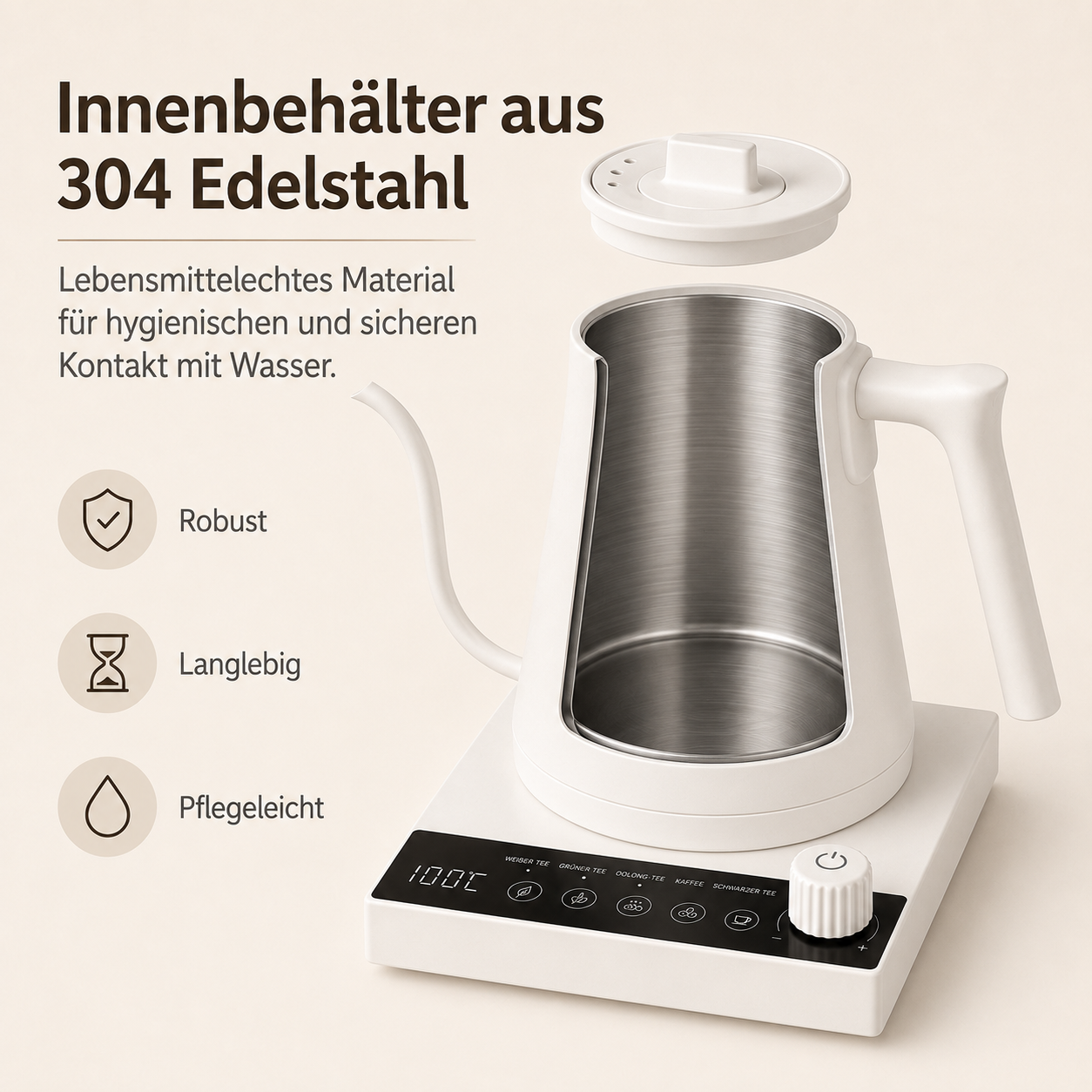 Ein weißer Wasserkocher mit Edelstahl-Innenbehälter, der die Funktionen Robust, Langlebig, Pflegeleicht zeigt.