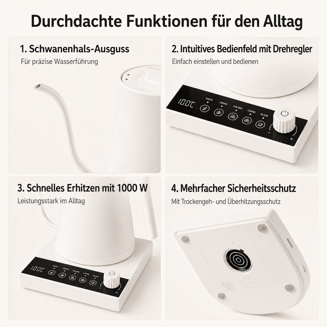 Vier Darstellungen eines weißen Wasserkochers mit Funktionen: Schwanenhals, Bedienfeld, Erhitzen, Schutz.