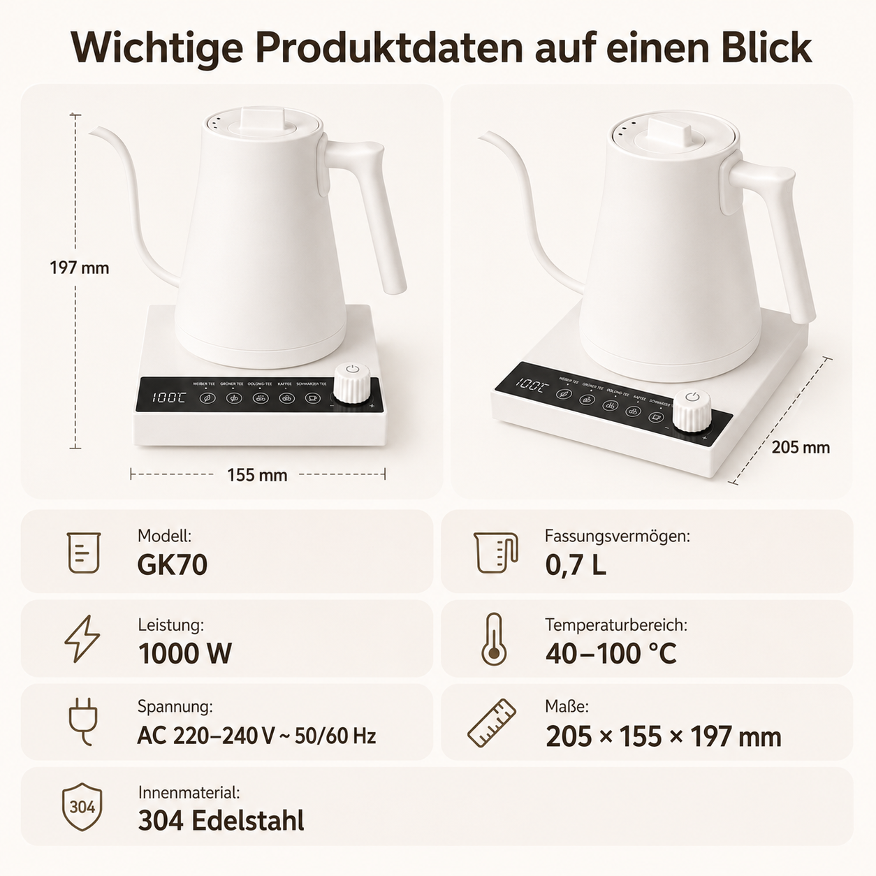 Weiße Schwanenhalskessel mit digitaler Temperaturanzeige und Bedienelementen auf einer weißen Basis.