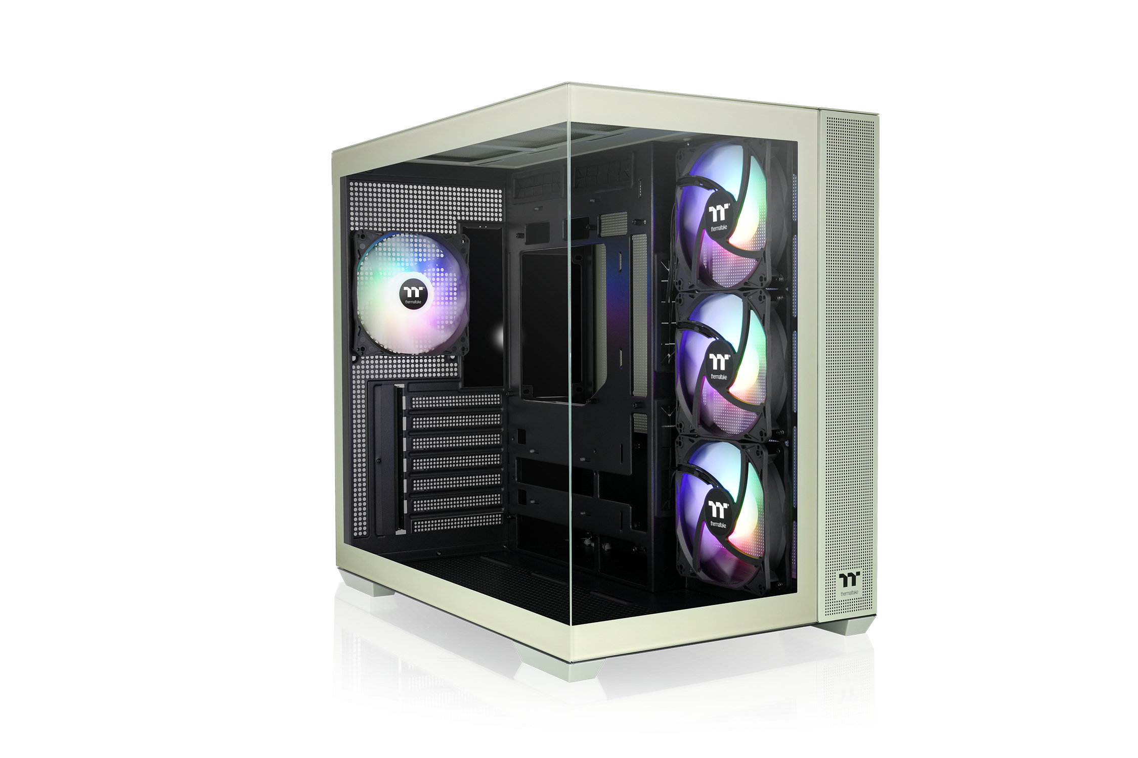 Case PC aperto con ventole RGB e pannello frontale in vetro.