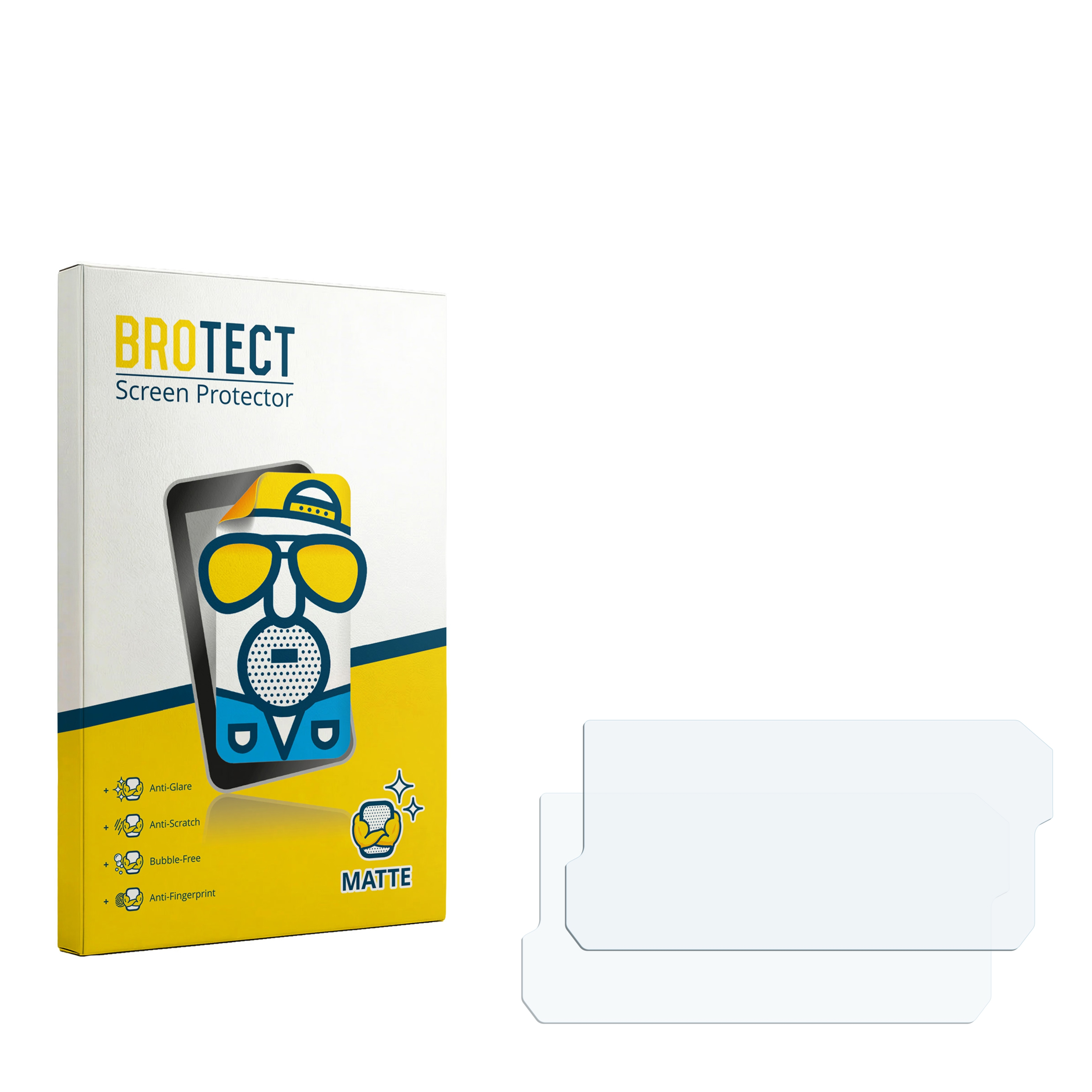 Verpackung für Displayschutzfolien mit Illustration und zwei Folien daneben.