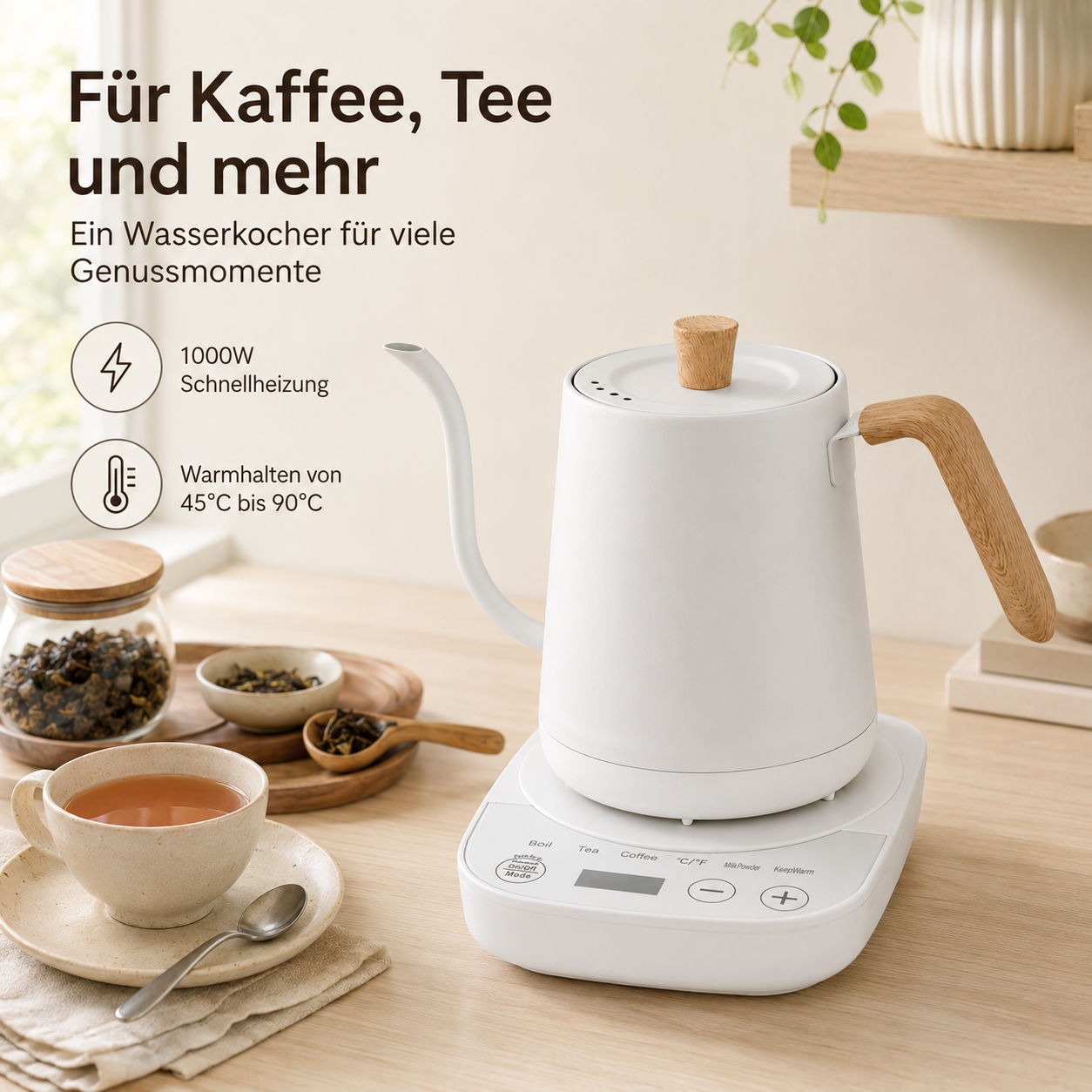 Ein weißer Wasserkocher mit Holzgriff auf einer Basis mit Bedienelementen.