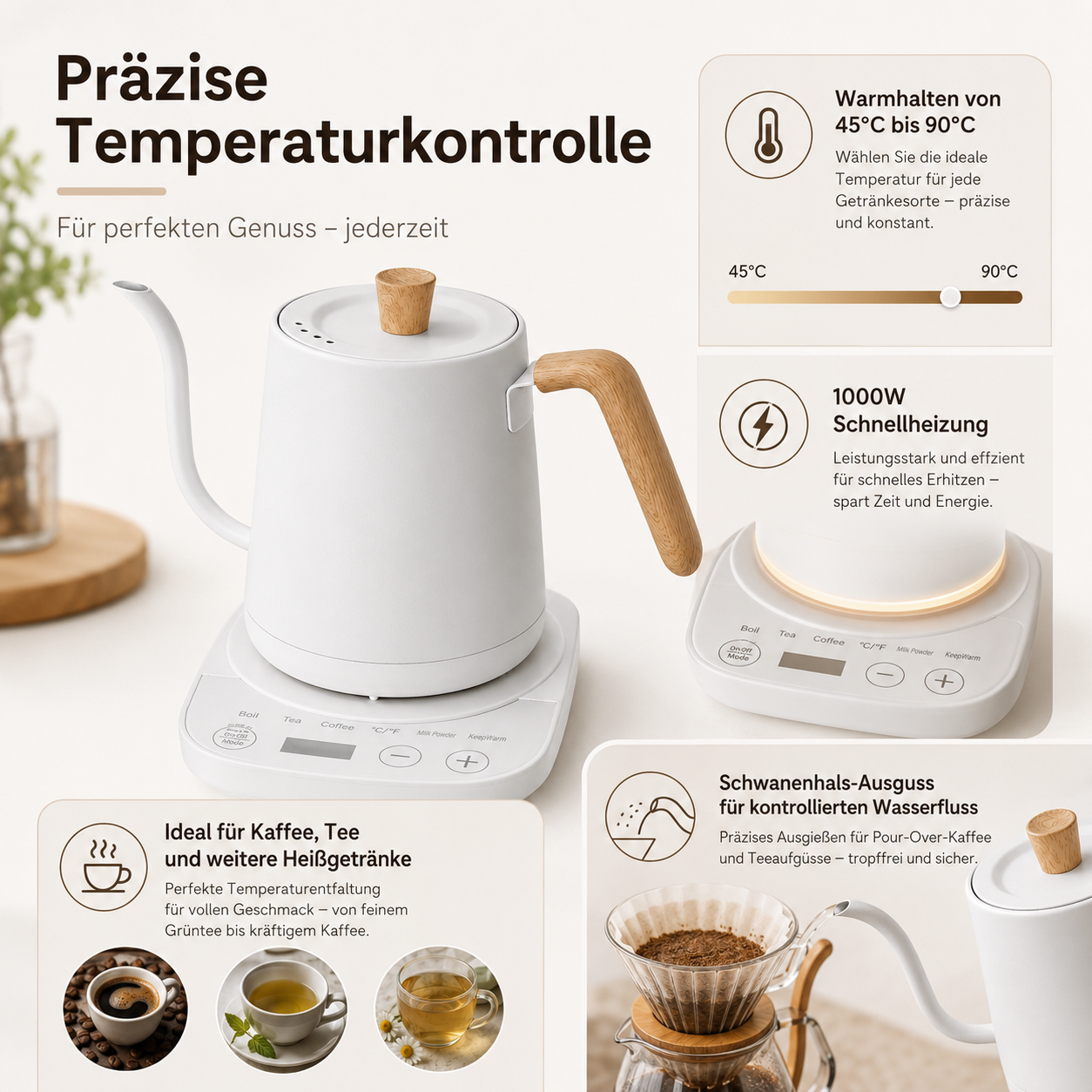 Weiße Teekanne mit Holzgriff auf Basis, mit Text über Temperaturkontrolle und schnelles Erhitzen.