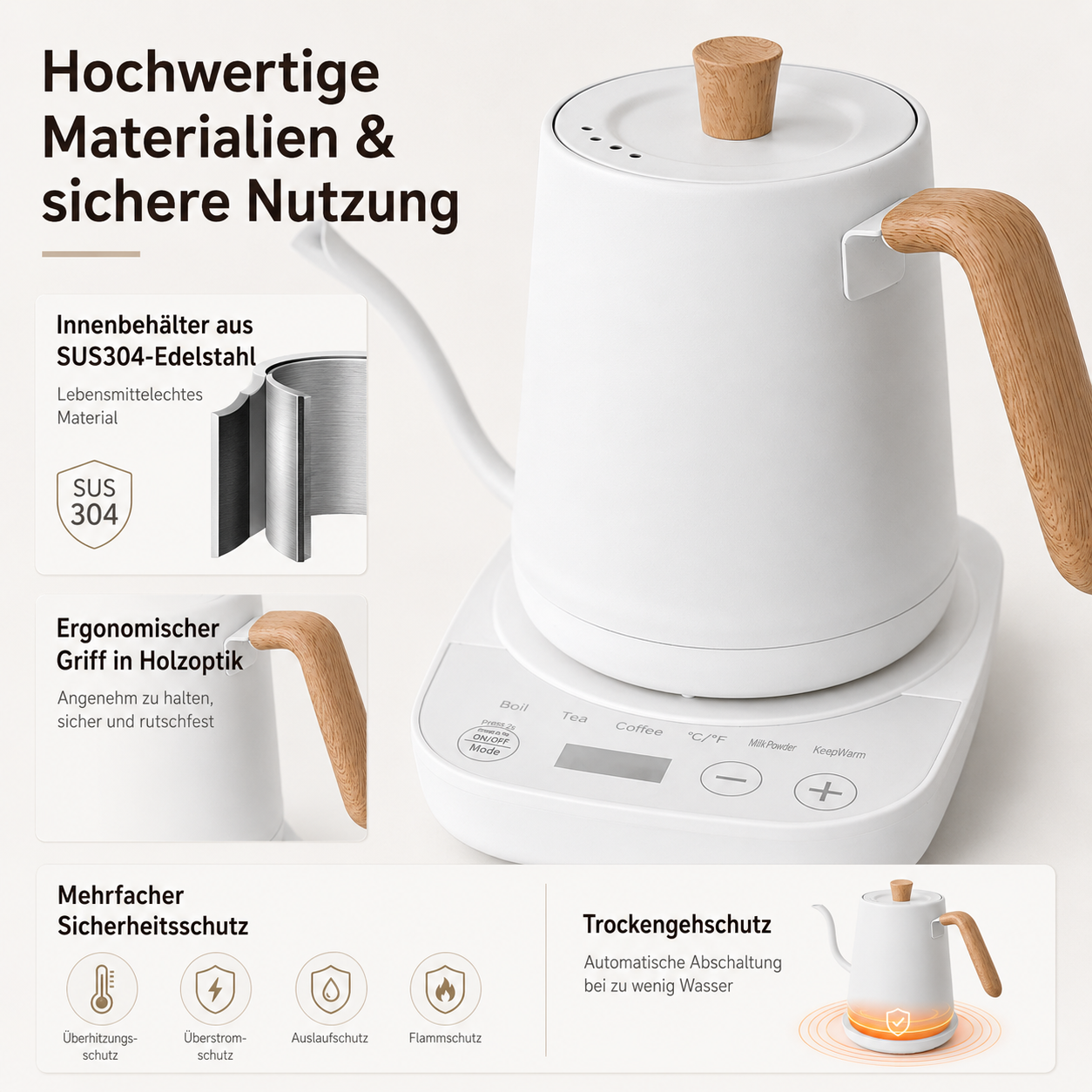 Weiße Teekanne mit Holzgriff auf Basis; Merkmale: Edelstahl, Sicherheitsschutz.
