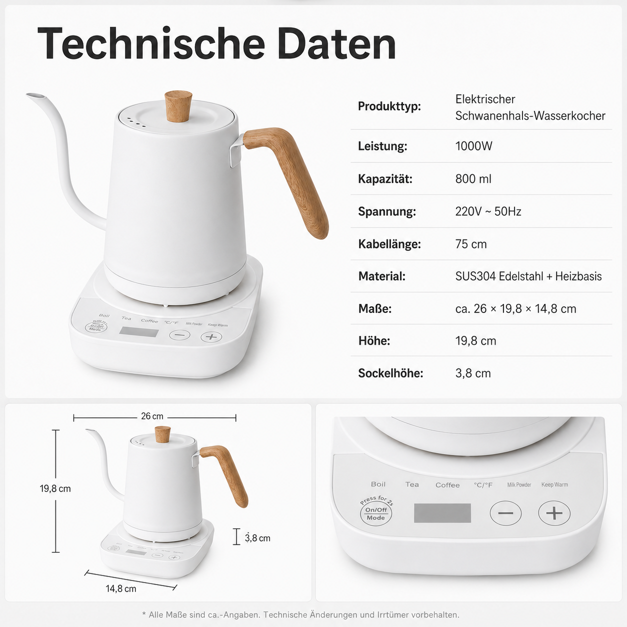 Weißer Schwanenhalswasserkocher mit Holzgriff auf einer Basis mit Bedienelementen.