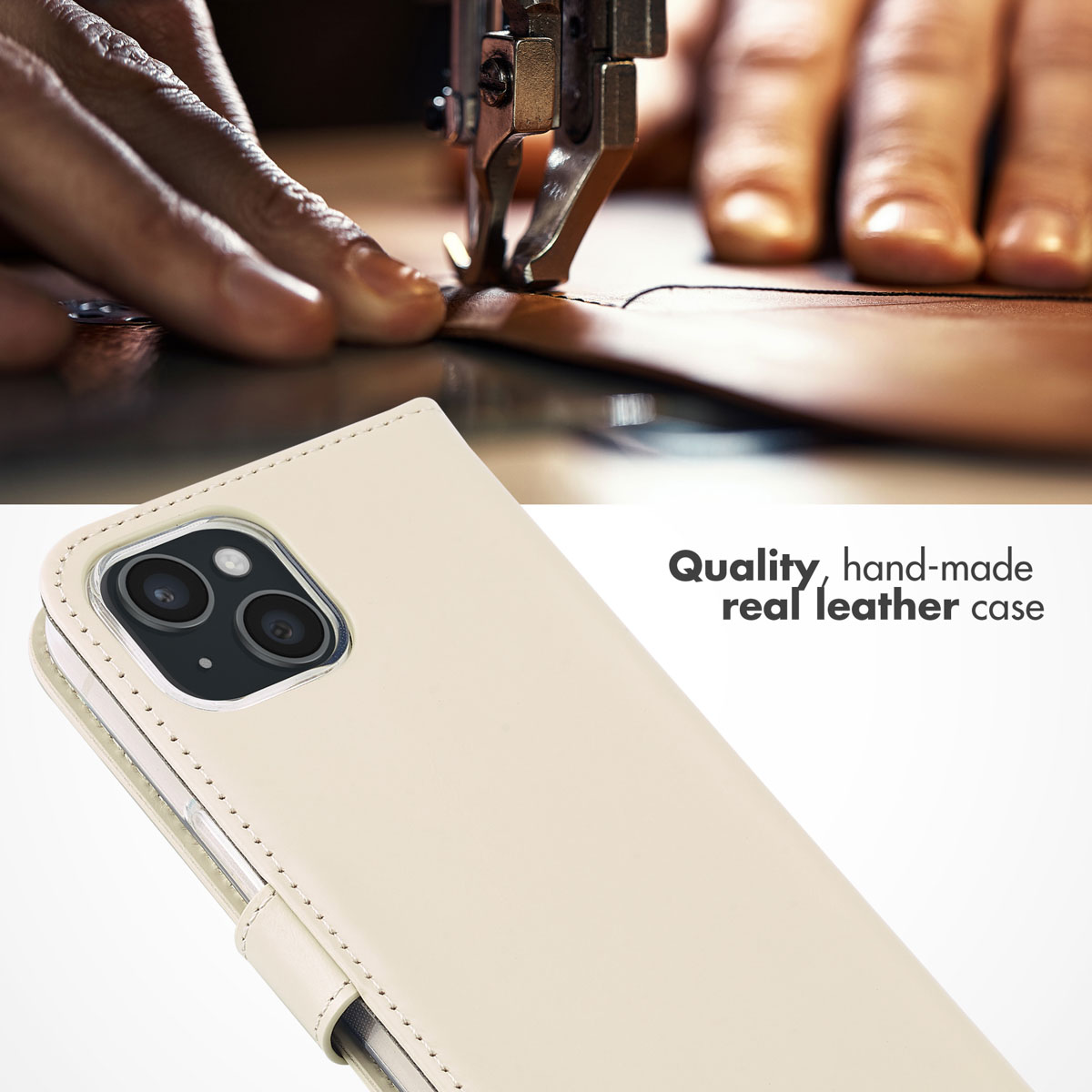Close-up of hands sewing leather with a machine, and a beige leather phone case.