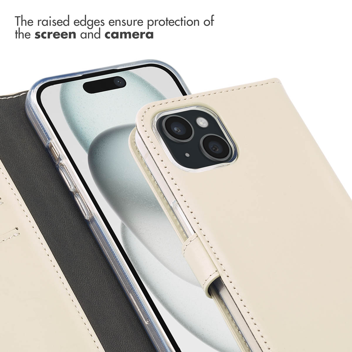 A beige leather case for a smartphone, protecting the screen and camera.