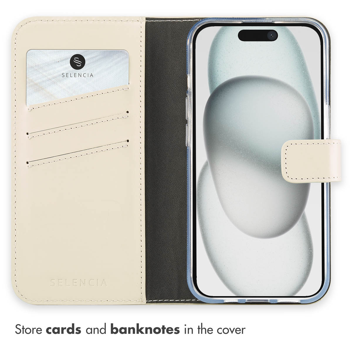 Open beige leather phone case with card slots. Phone inside case.