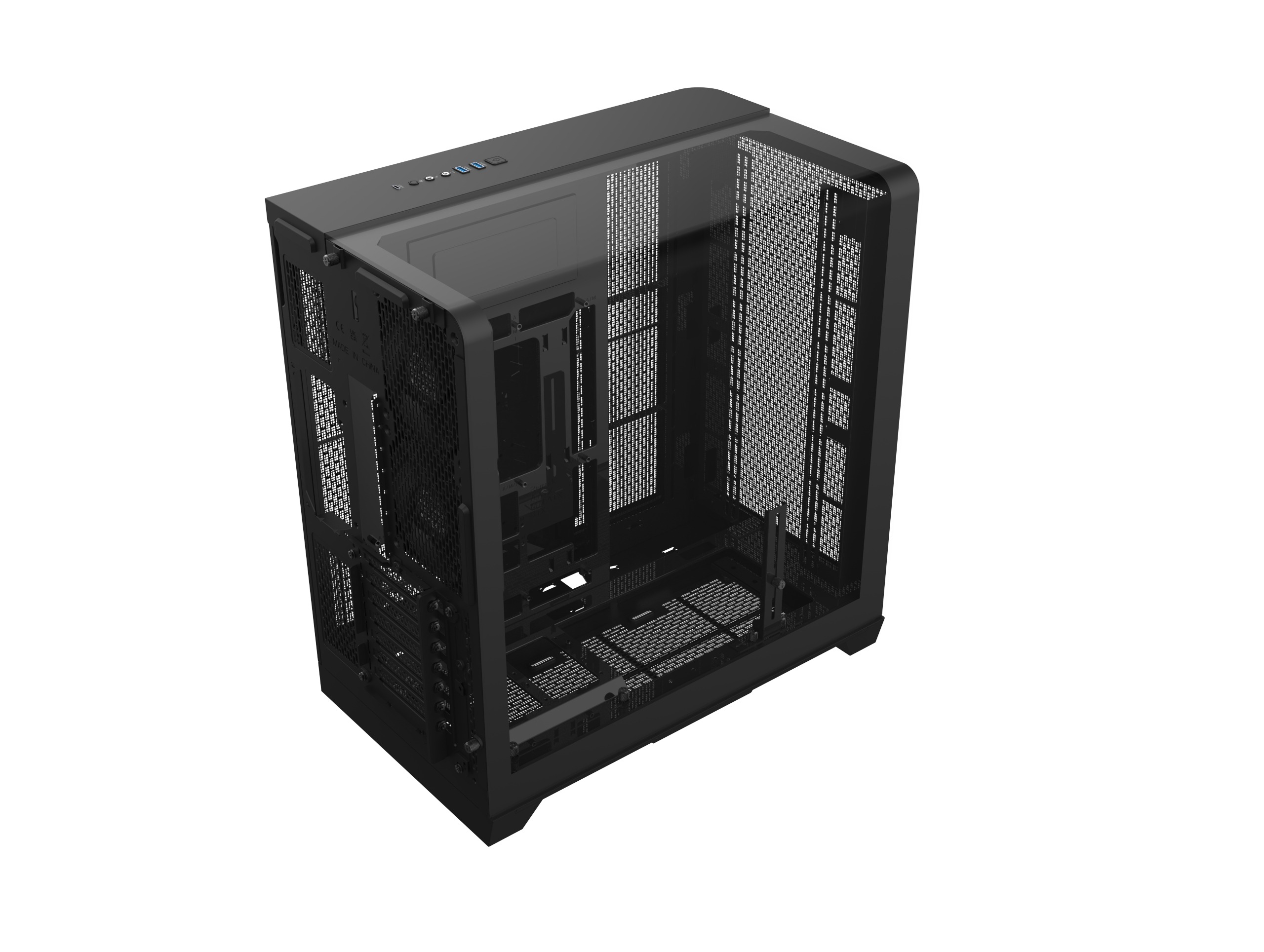 Ein schwarzes Computergehäuse mit Glasseiten und einem oberen Bedienfeld.