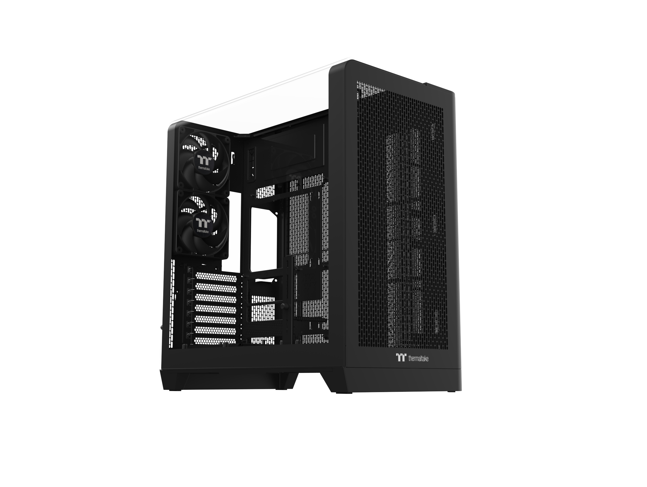 Schwarzes PC-Gehäuse mit Mesh-Front und sichtbaren Lüftern.
