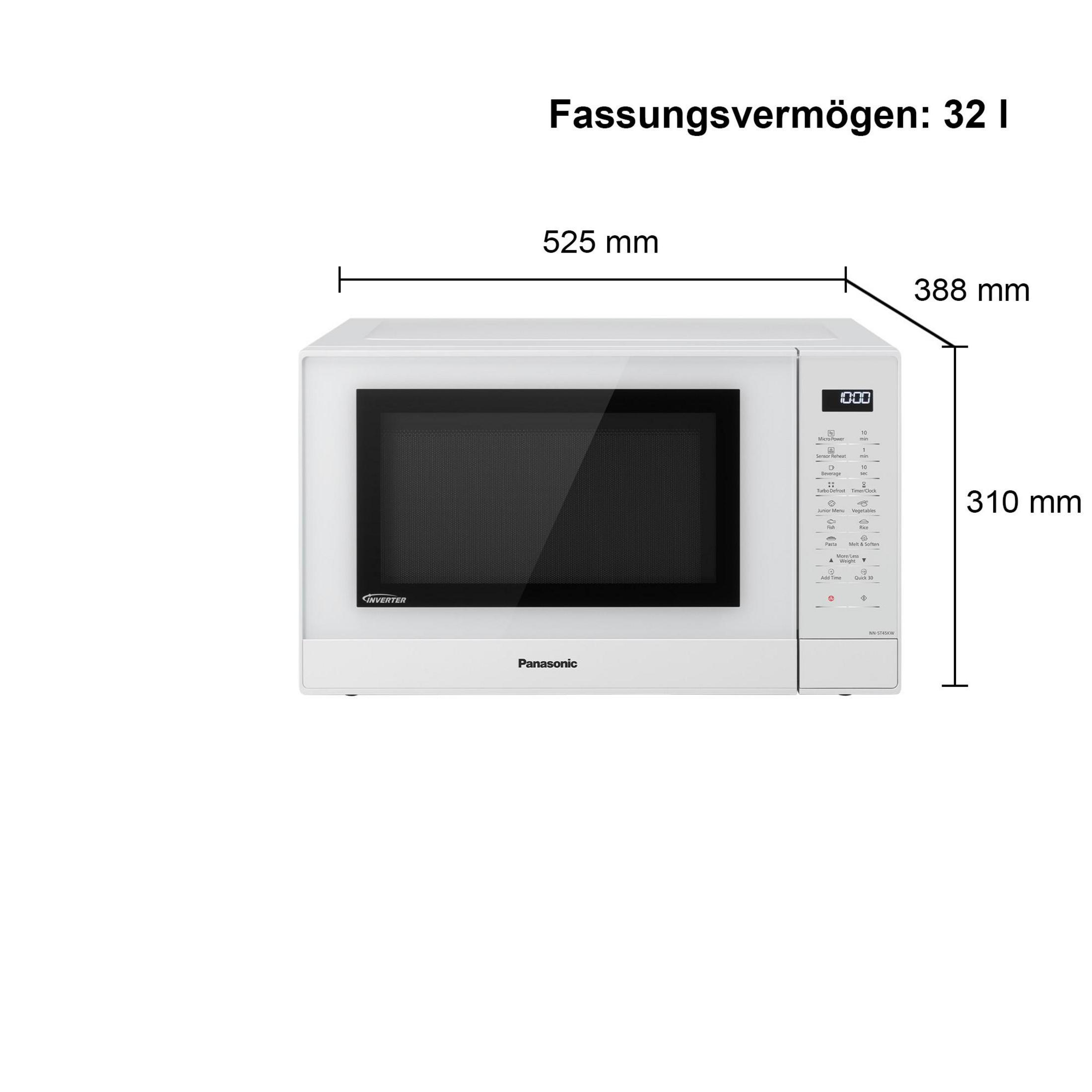 Microondas Panasonic blanco con panel de control, dimensiones y capacidad 32L.