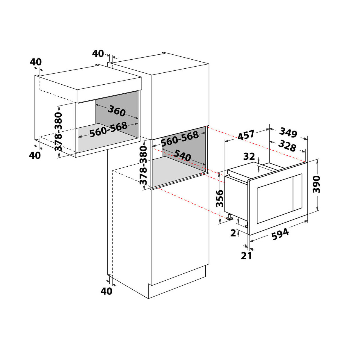 Diagramma che mostra le dimensioni per elettrodomestici da incasso, con misure in mm.