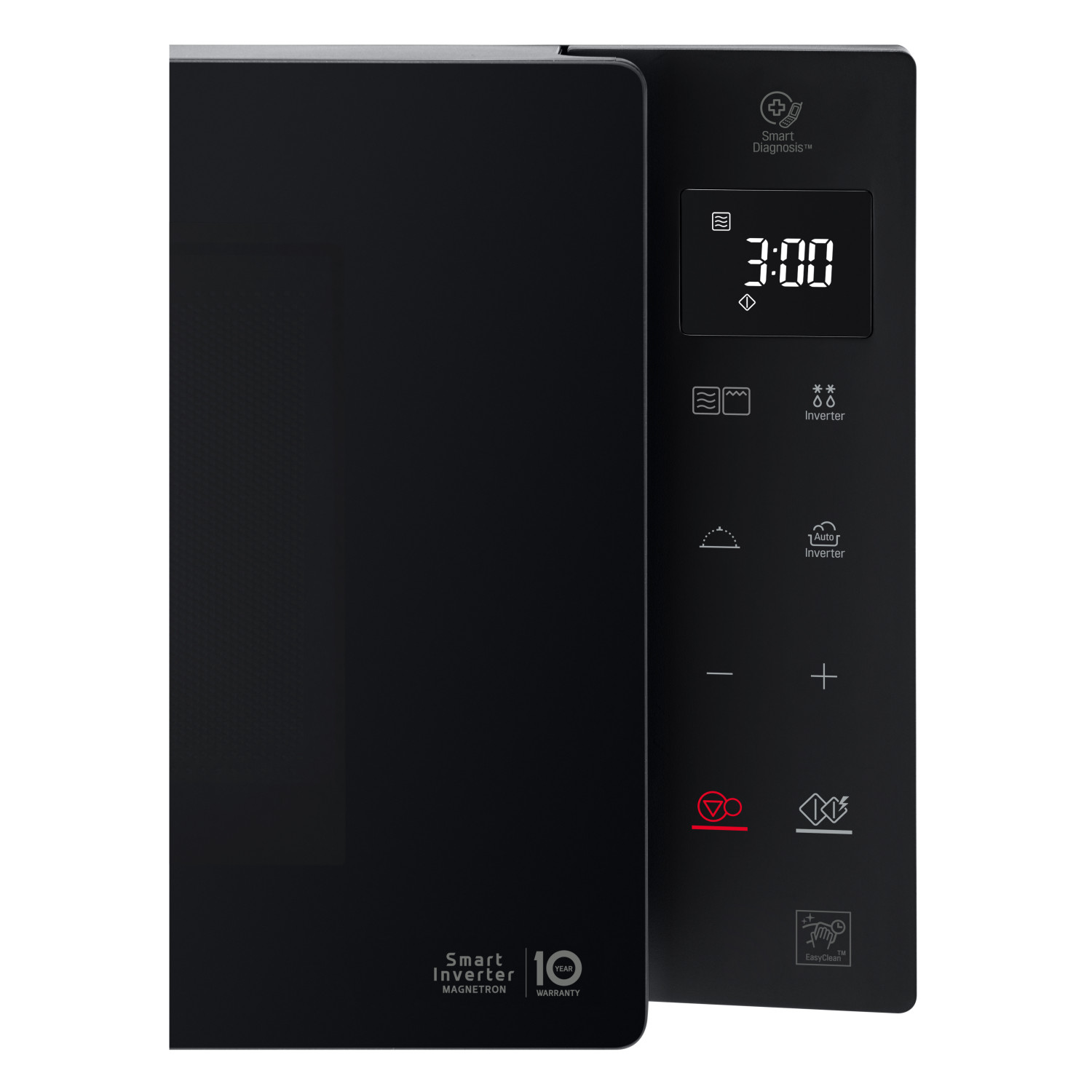 Microondas negro con pantalla digital que muestra 3:00 y botones de control.