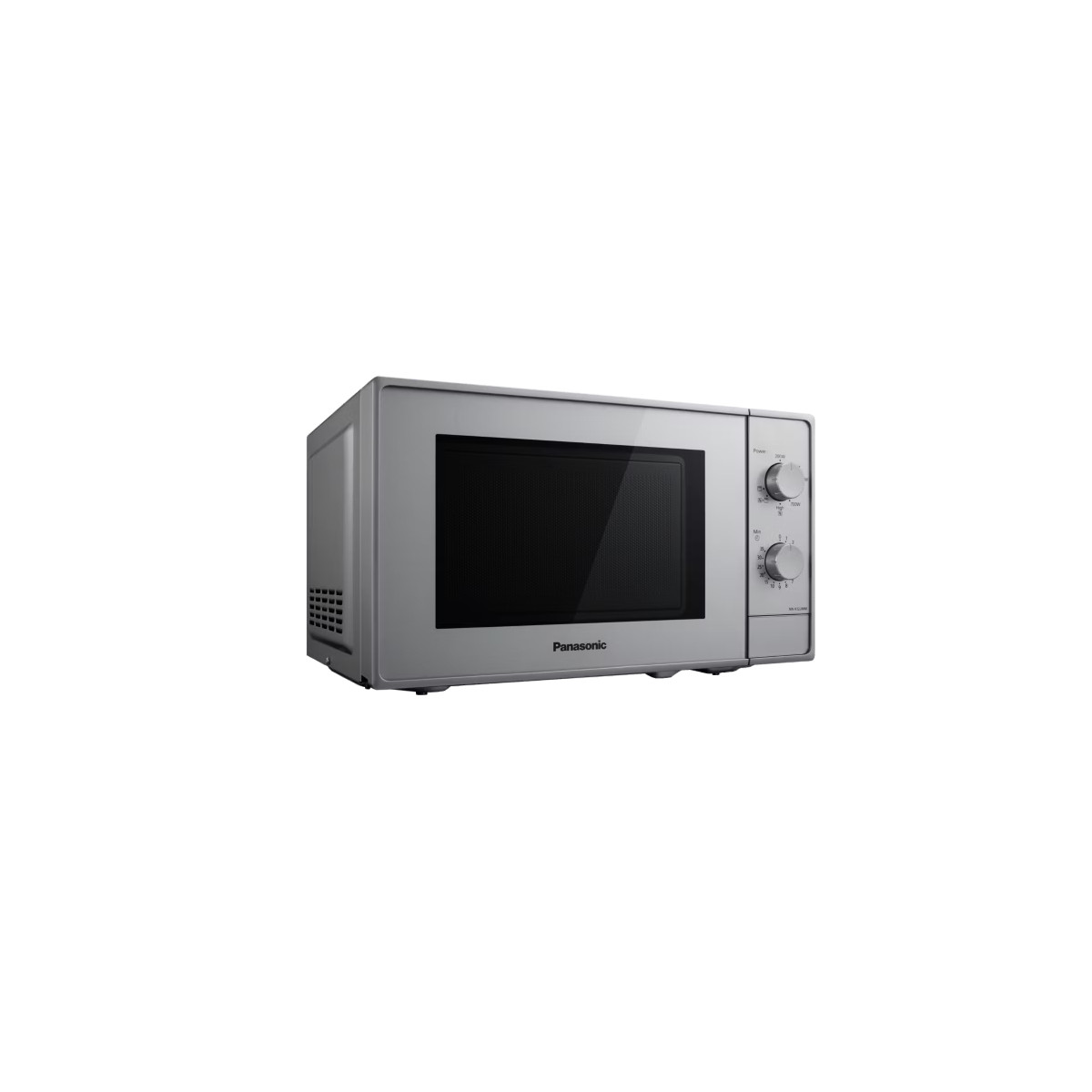 Un forno a microonde Panasonic argentato con porta nera e due manopole rotanti.
