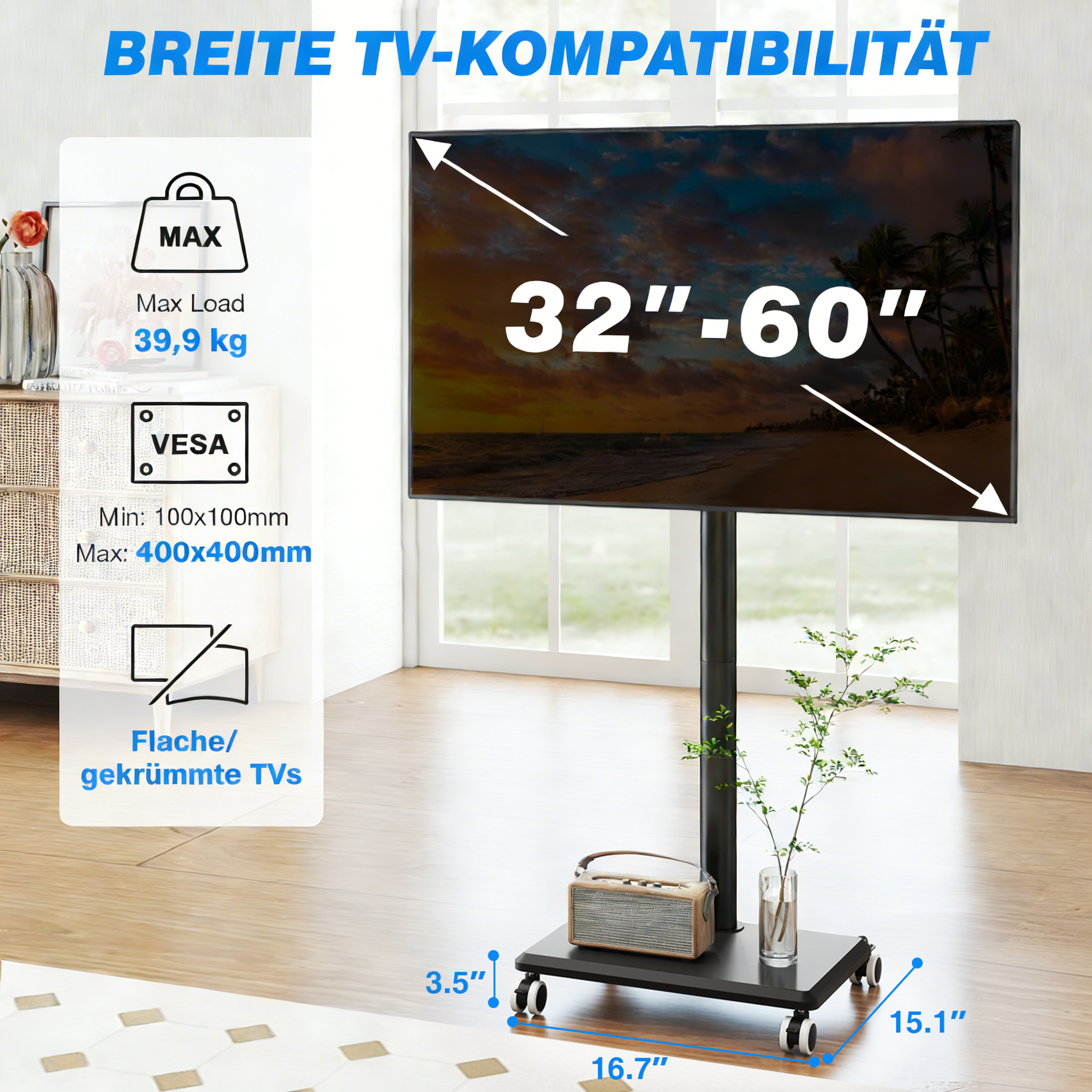 Mobiler TV-Ständer für 32-60 Zoll TVs, max. 39,9 kg, VESA 400x400.