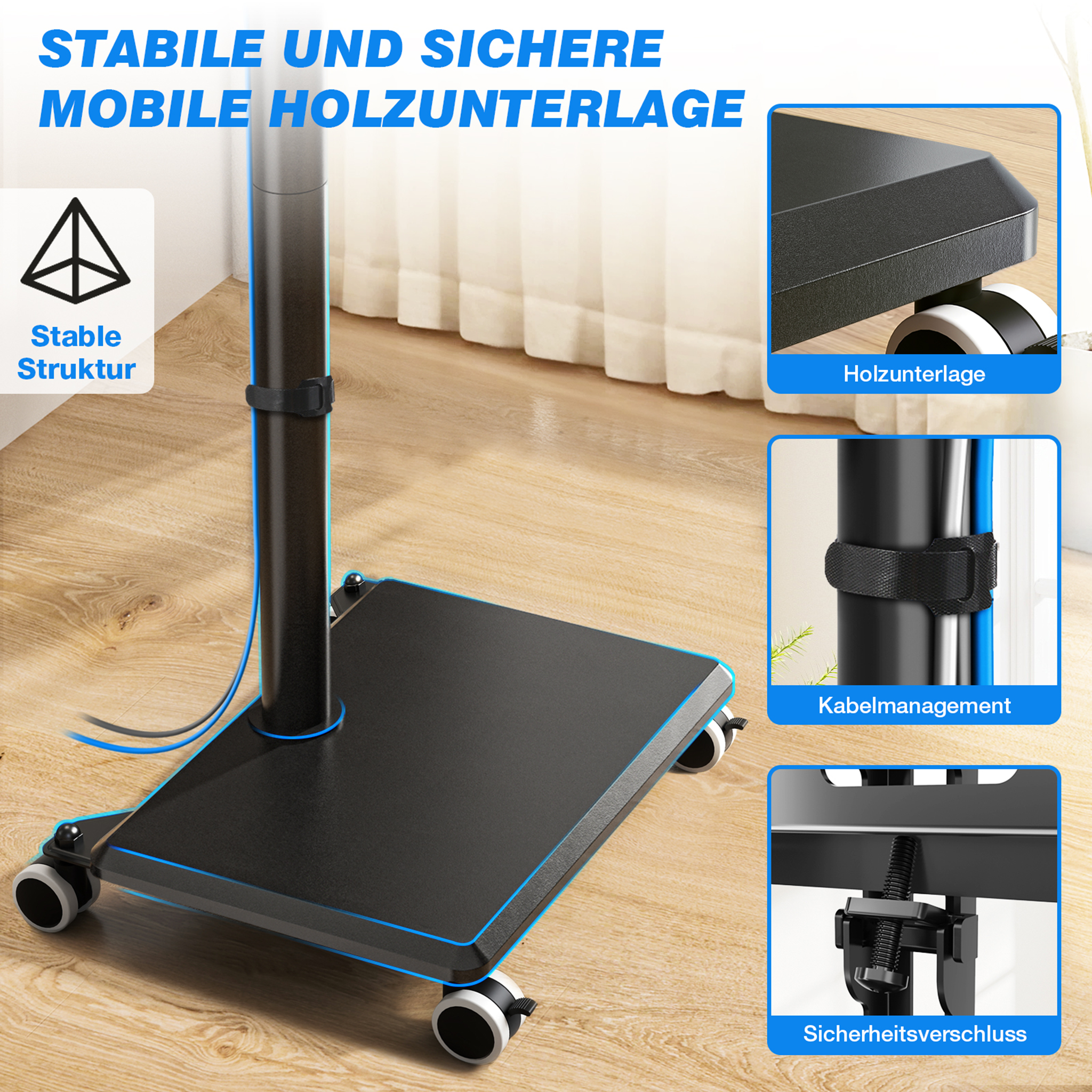 Mobile Holzlagerung mit Rädern, Kabelmanagement und Sicherung.