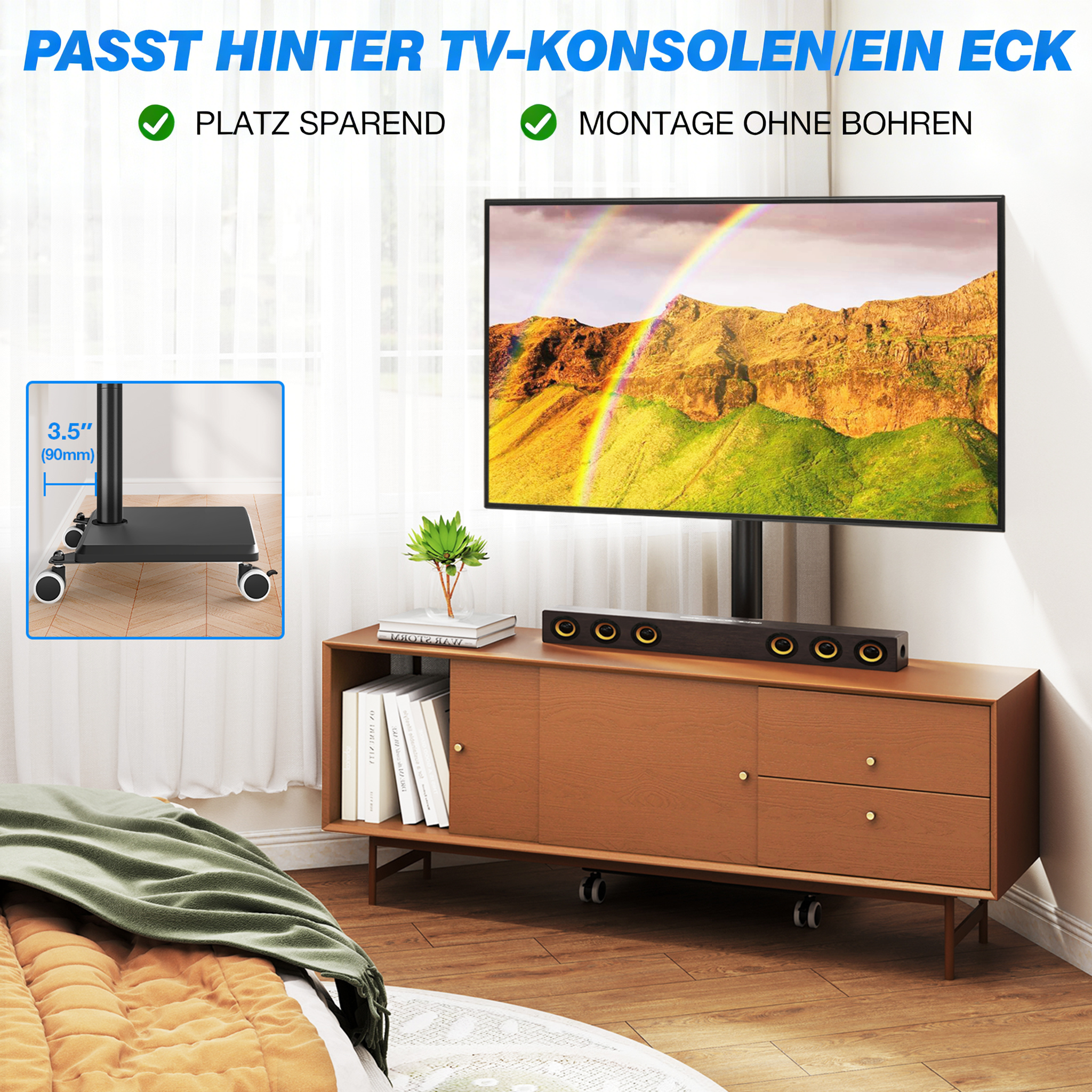 Ein moderner TV-Ständer steht vor einem braunen Sideboard mit einem Fernseher, der einen Regenbogen zeigt.
