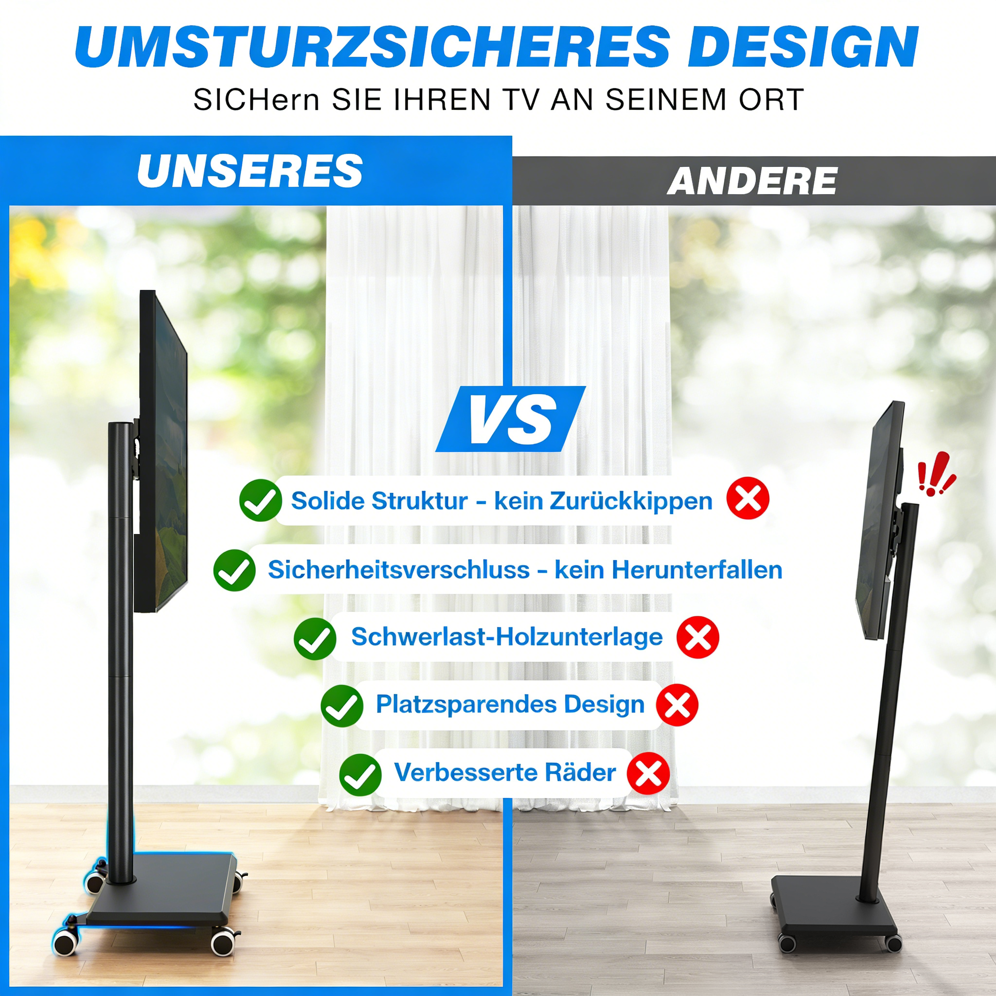Vergleich von TV-Ständern: Unserer ist stabil, sicher, platzsparend.