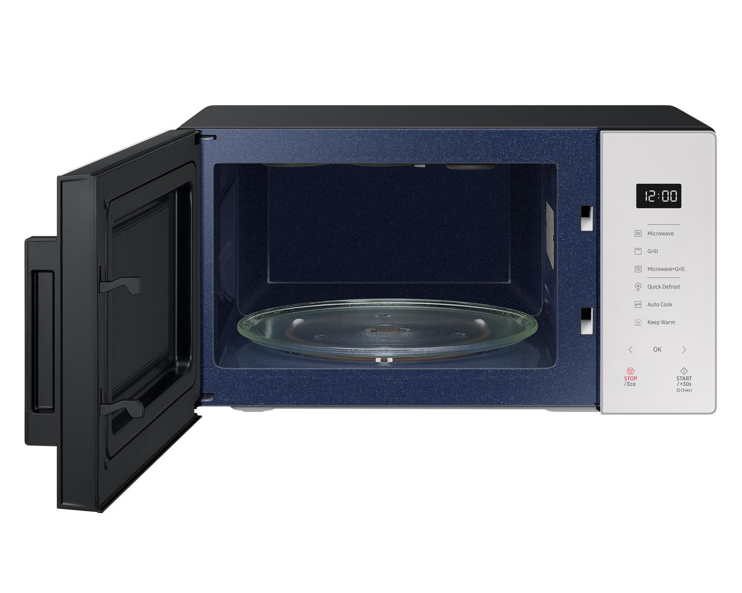 Un forno a microonde blu con la porta aperta, che mostra un piatto girevole in vetro. L'orologio segna le 12:00.