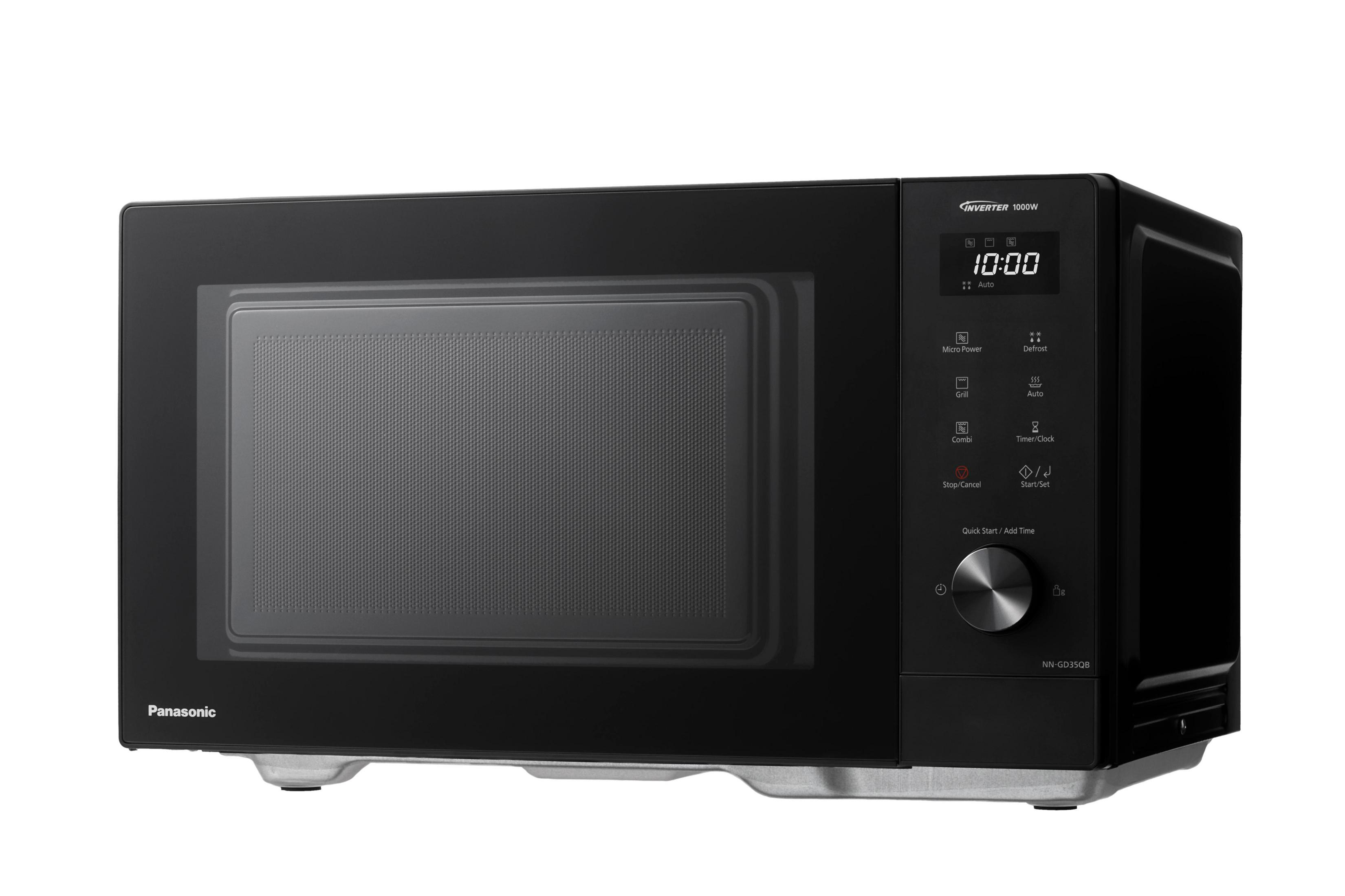 Schwarze Panasonic Mikrowelle mit silbernem Drehteller und digitaler Anzeige.