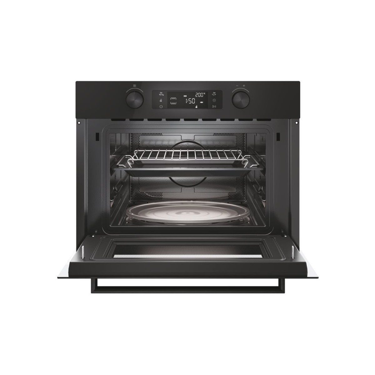 Un forno da incasso nero con porta aperta, che mostra una griglia e un piatto rotondo.