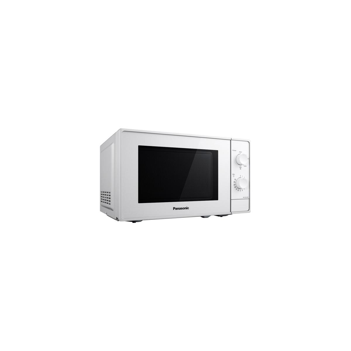 Un forno a microonde Panasonic bianco con porta nera e due manopole rotanti.