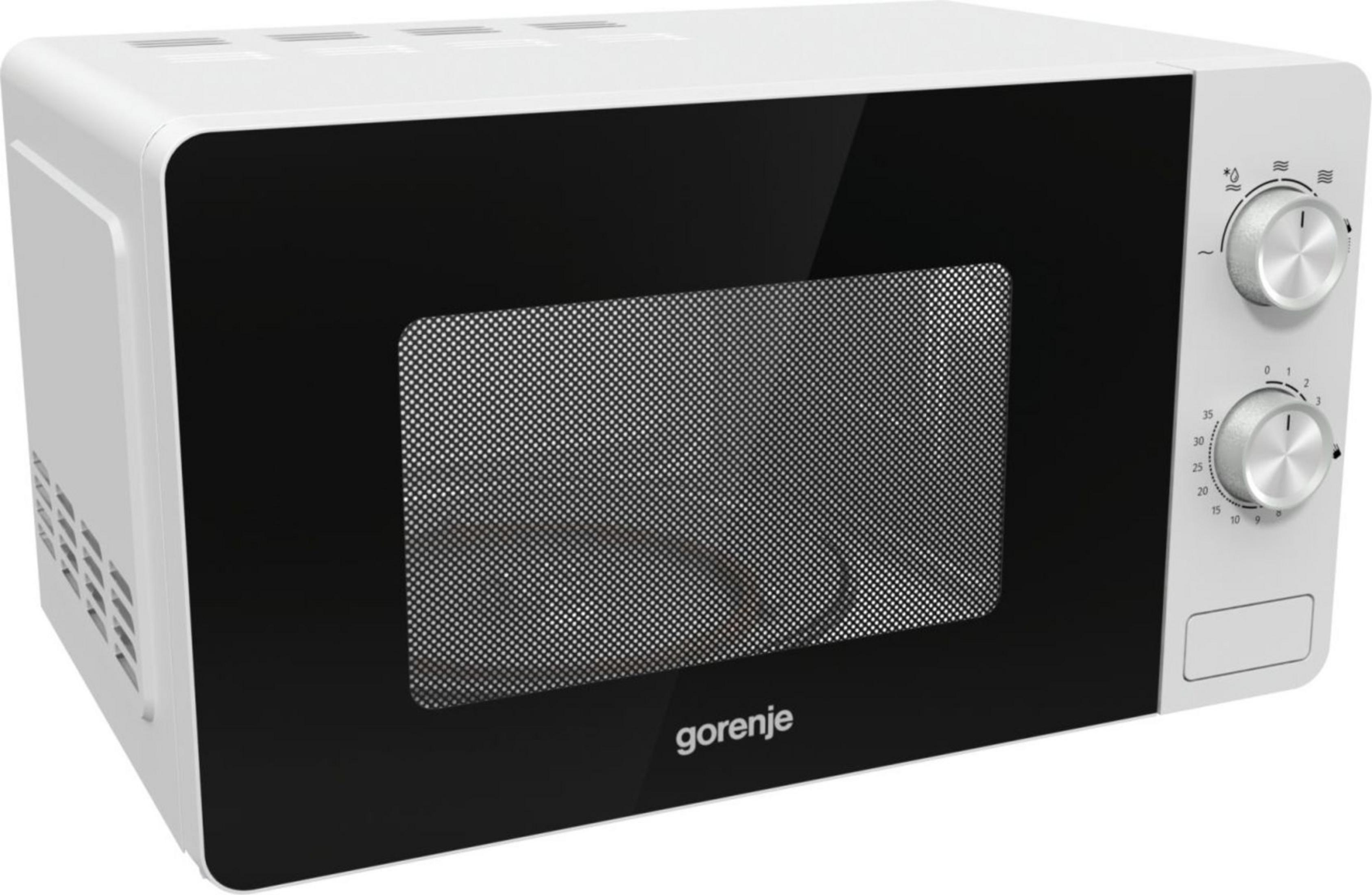 Un microonde Gorenje bianco con porta nera e manopole argentate.