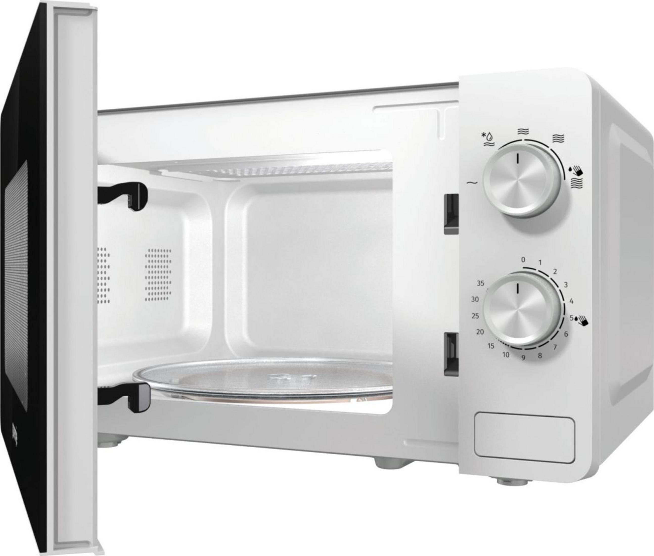 Un microonde bianco con porta aperta, manopole di controllo e simboli.