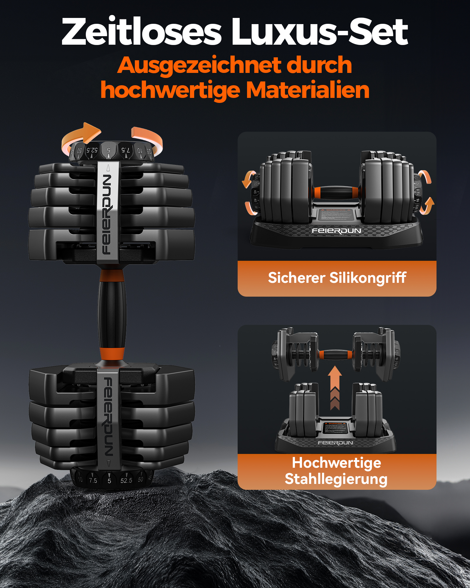 Einstellbare Hantel mit schwarzem Griff und orangefarbenen Akzenten auf felsigem Untergrund.