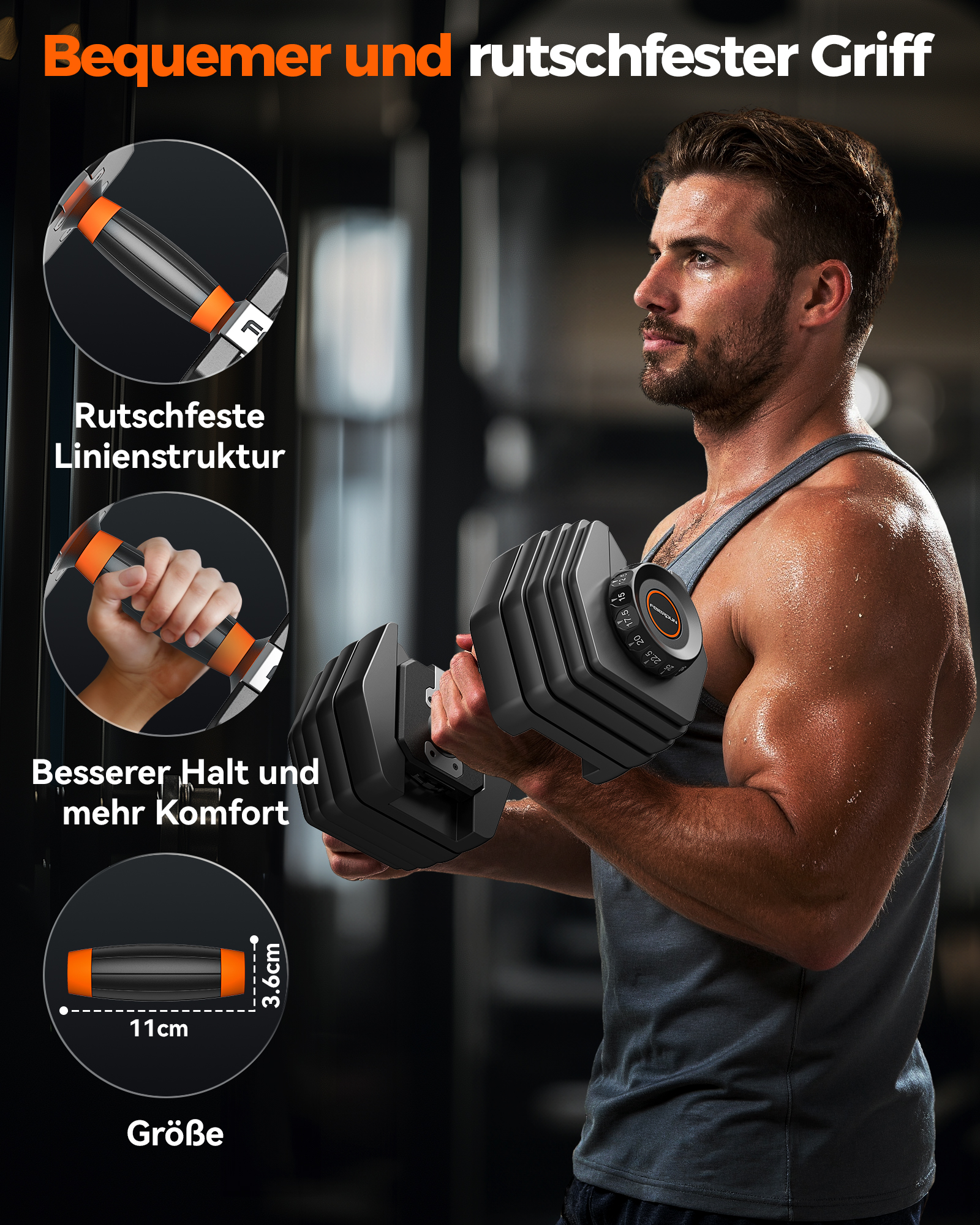 Mann im Fitnessstudio hält eine verstellbare Hantel mit rutschfestem Griff.