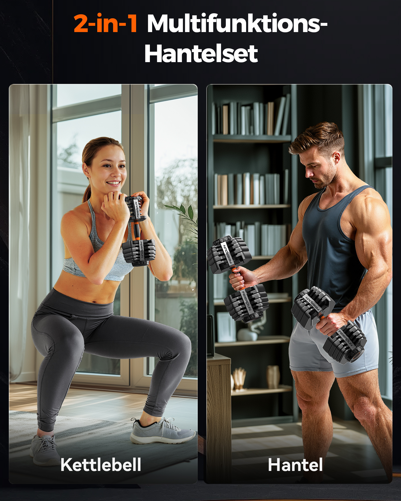 Frau macht Kniebeugen mit Kettlebell, Mann hebt Hantel.