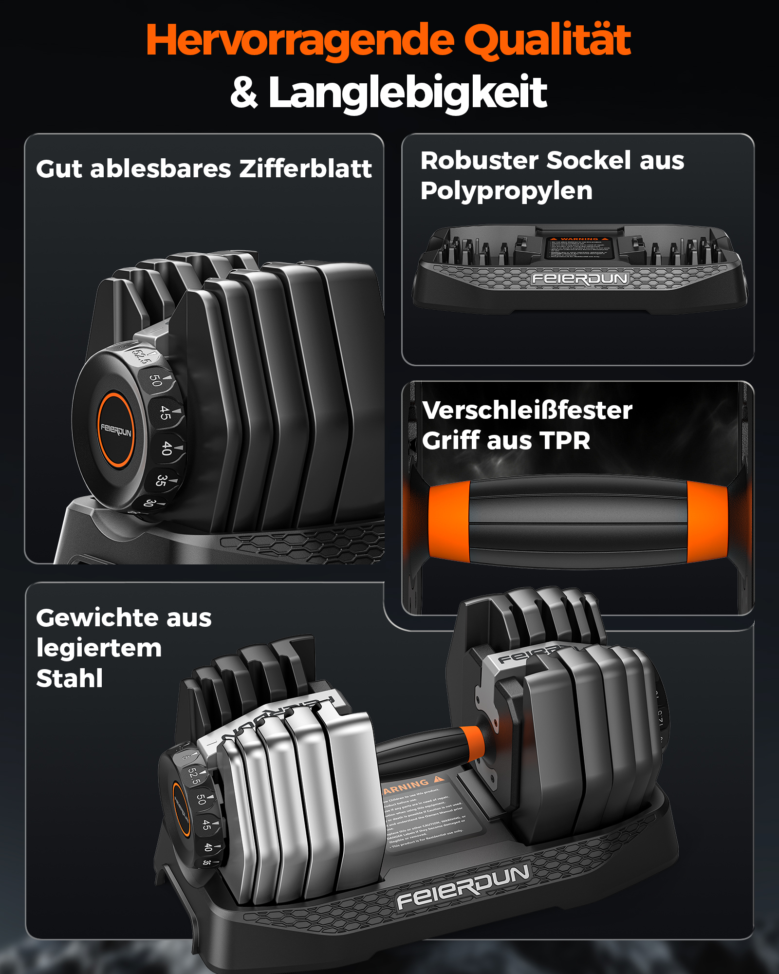 Verstellbare Hantel mit silbernen Gewichten, schwarzem Griff und Sockel.