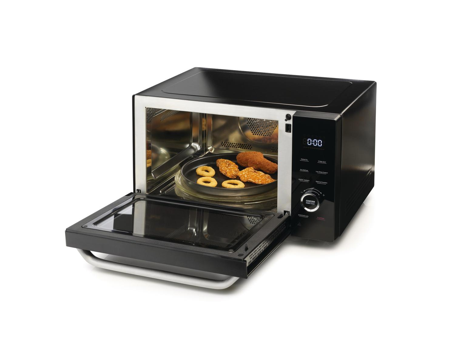 A black combination microwave oven with its door open, food cooking on the turntable.