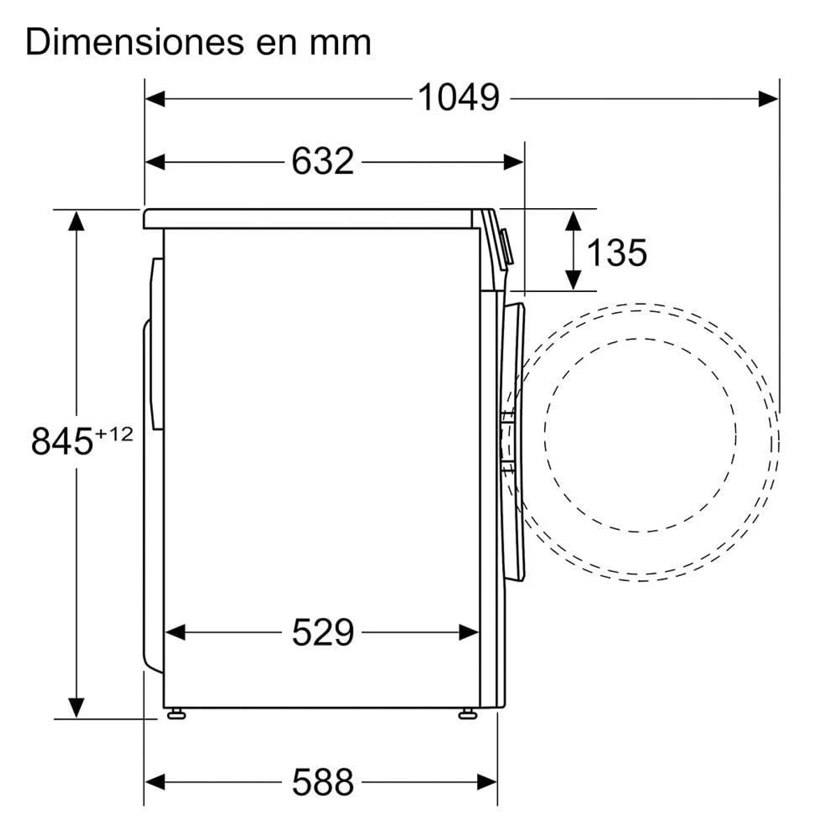 Disegno tecnico di una lavatrice con dimensioni in mm.