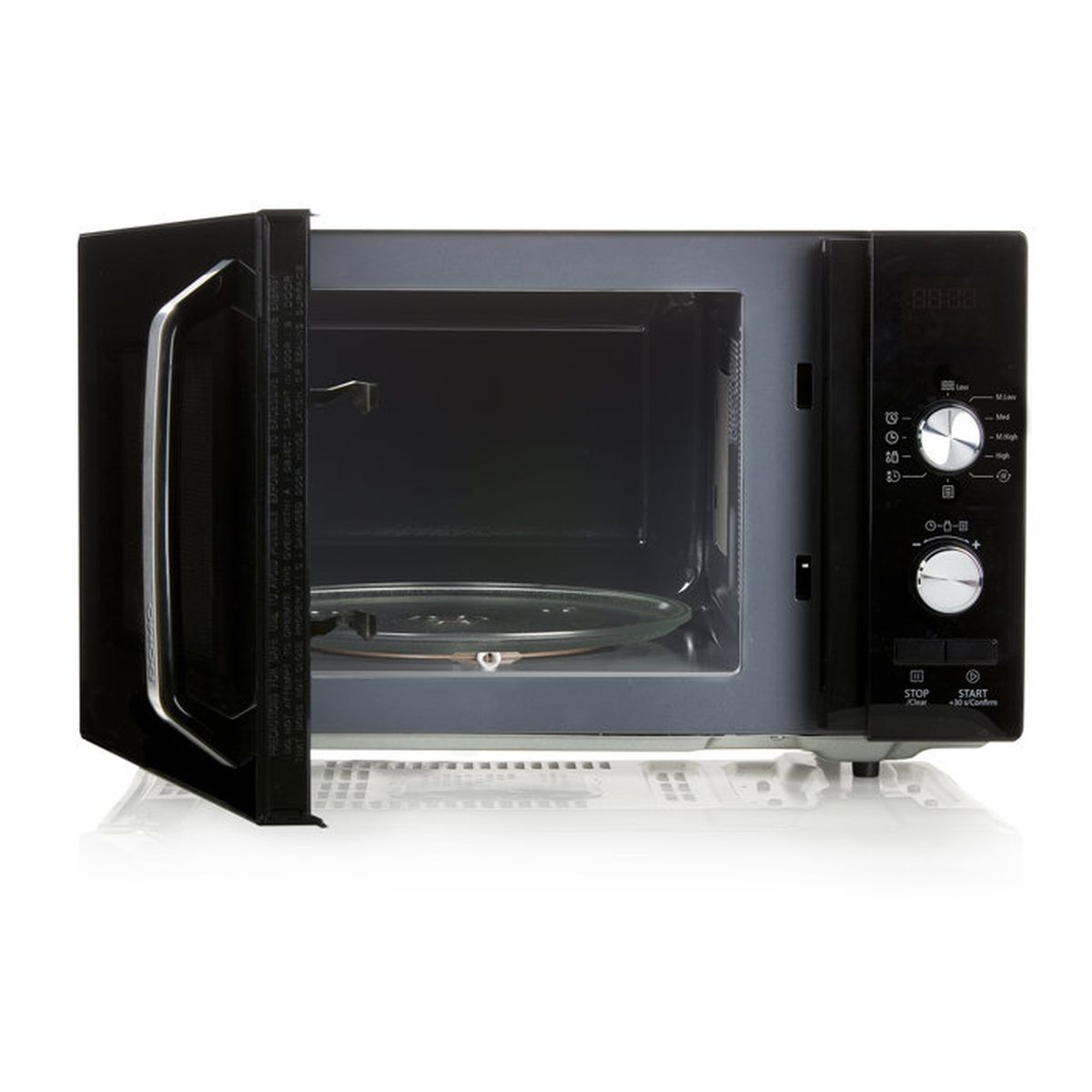 Un forno a microonde nero con la porta aperta, che mostra un piatto girevole in vetro all'interno.